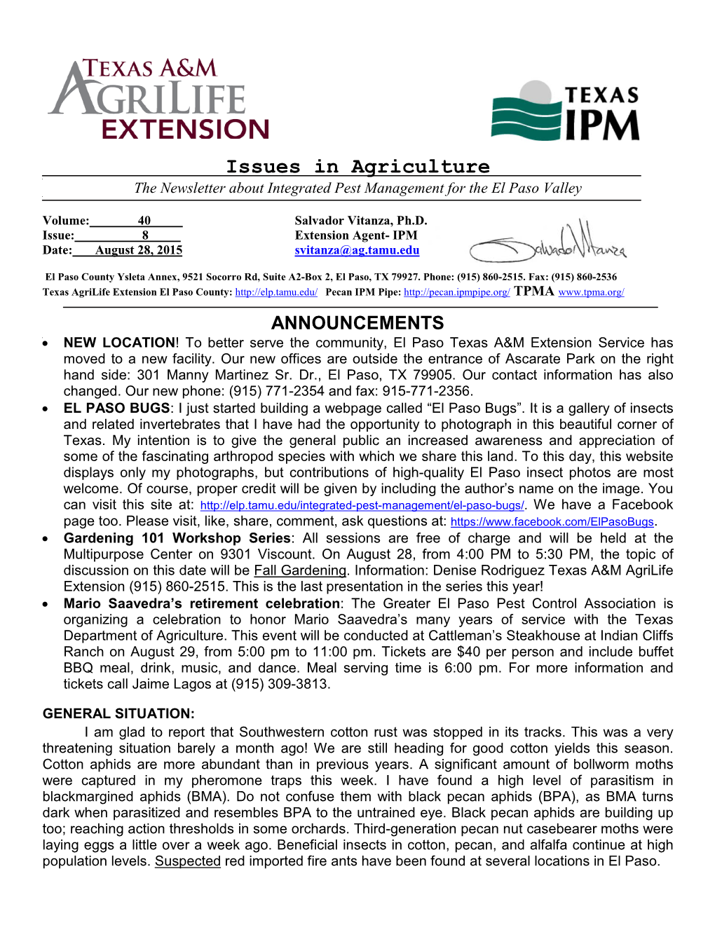 Issues in Agriculture the Newsletter About Integrated Pest Management for the El Paso Valley