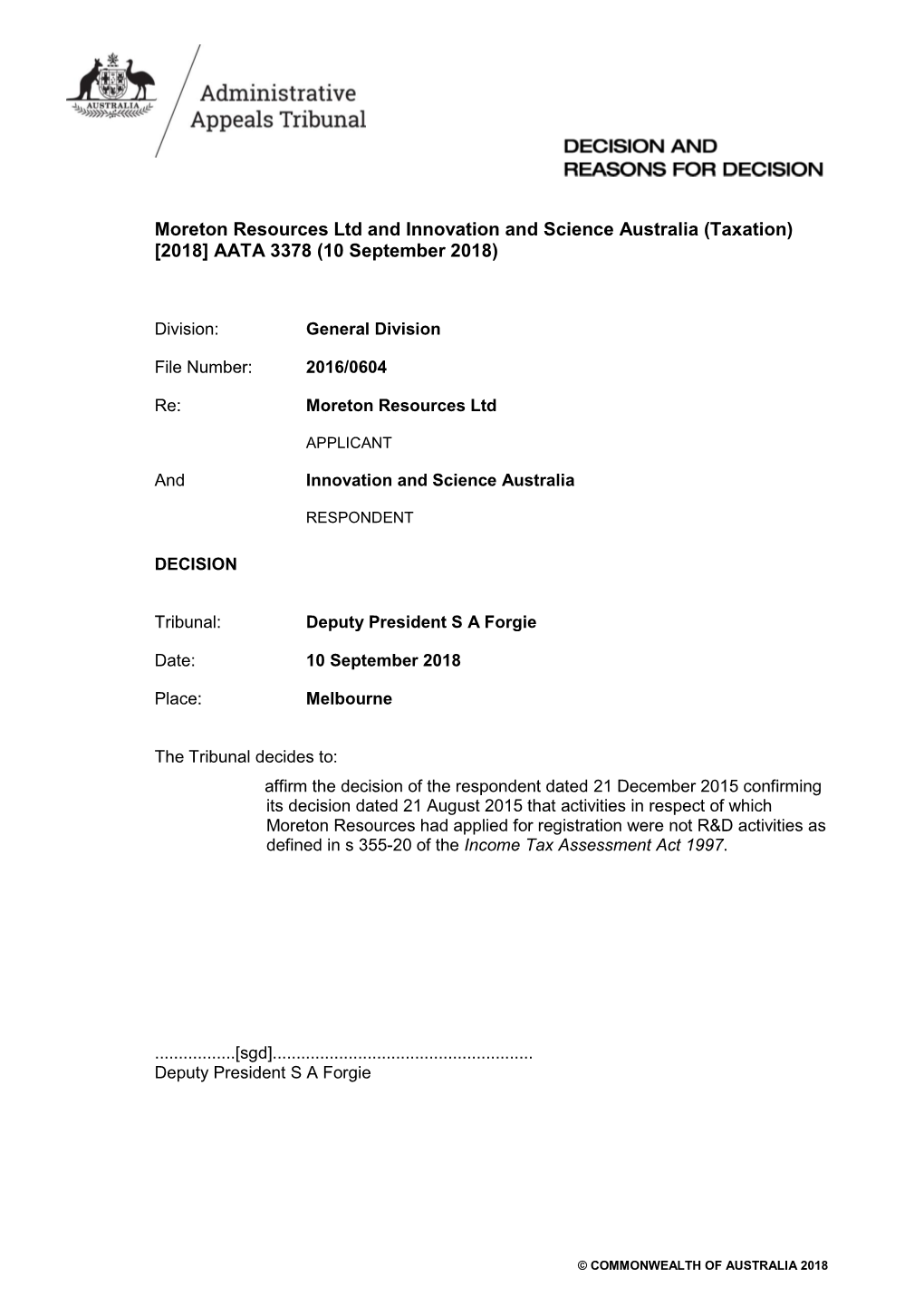 Moreton Resources Ltd and Innovation and Science Australia (Taxation) [2018] AATA 3378 (10 September 2018)