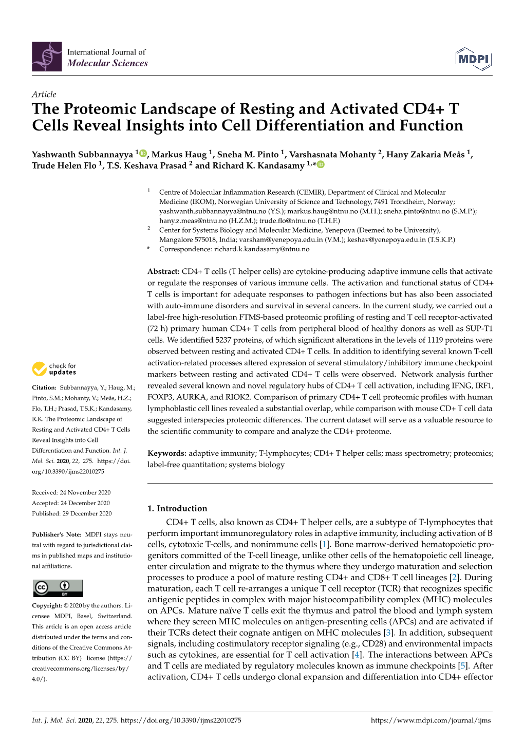 The Proteomic Landscape of Resting and Activated CD4+ T Cells Reveal Insights Into Cell Differentiation and Function