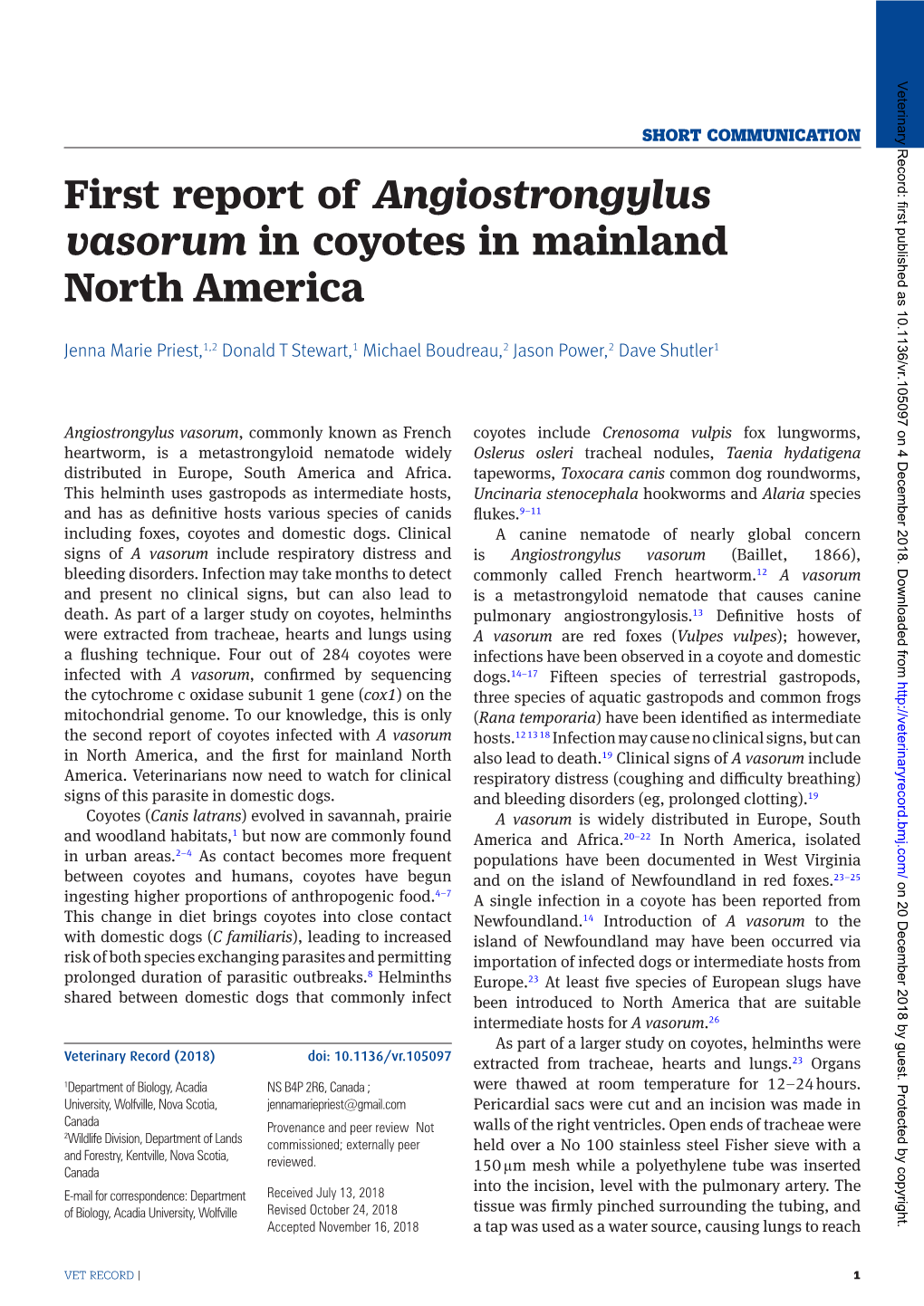 First Report of Angiostrongylus Vasorum in Coyotes in Mainland North America