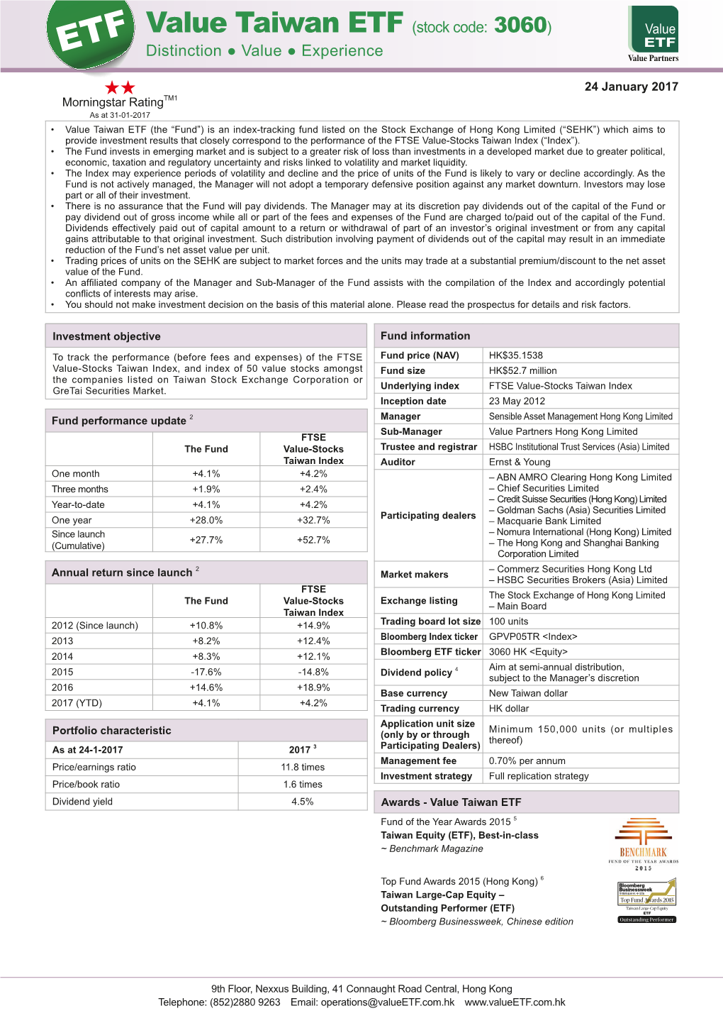 Value Taiwan ETF (Stock Code: 3060) ETF Distinction ● Value ● Experience