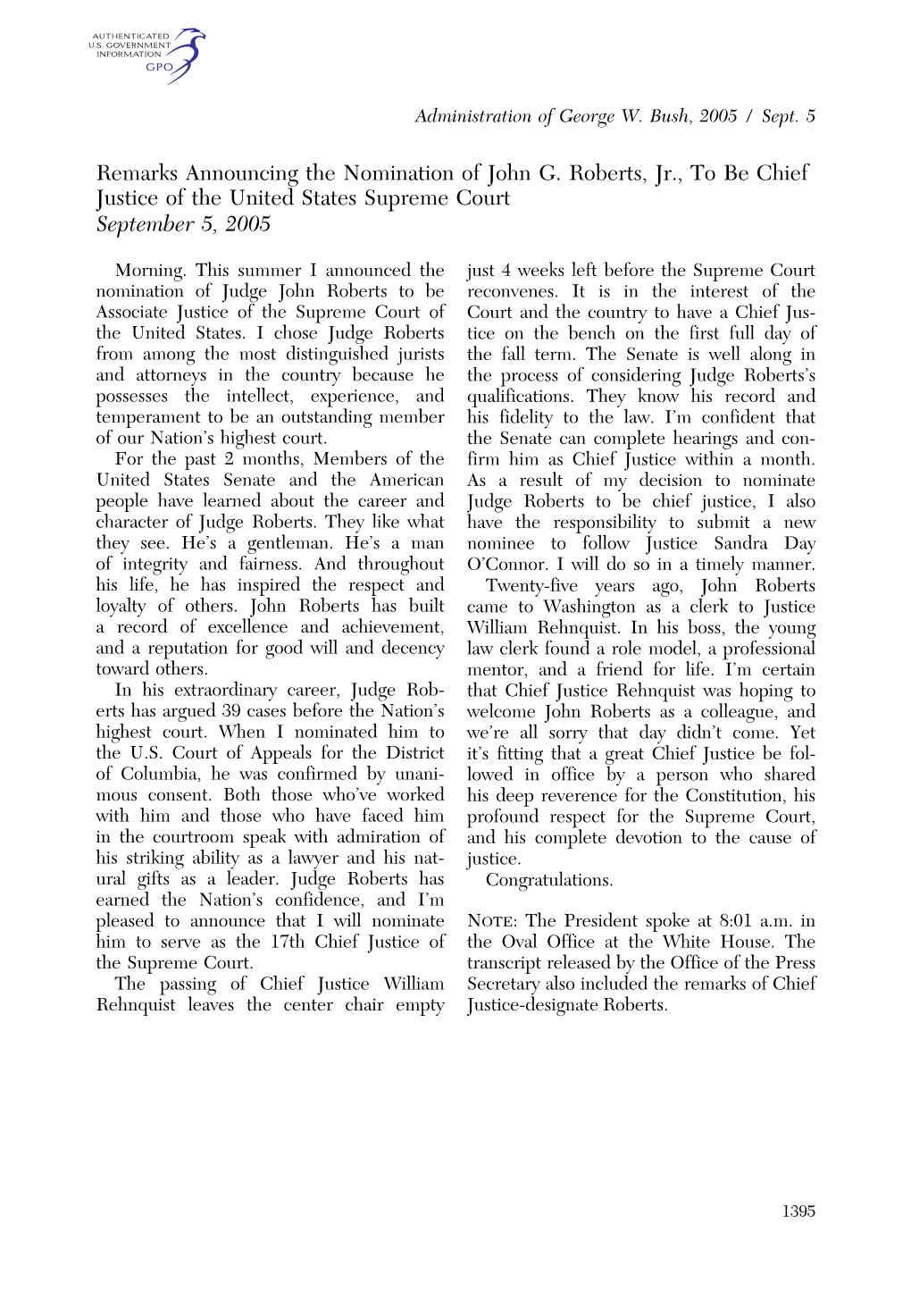 Remarks Announcing the Nomination of John G. Roberts, Jr., to Be Chief Justice of the United States Supreme Court September 5, 2005