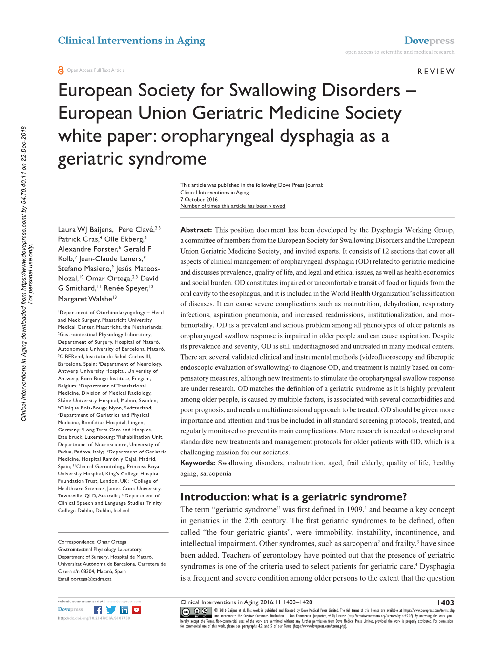 Oropharyngeal Dysphagia As a Geriatric Syndrome Open Access to Scientific and Medical Research DOI