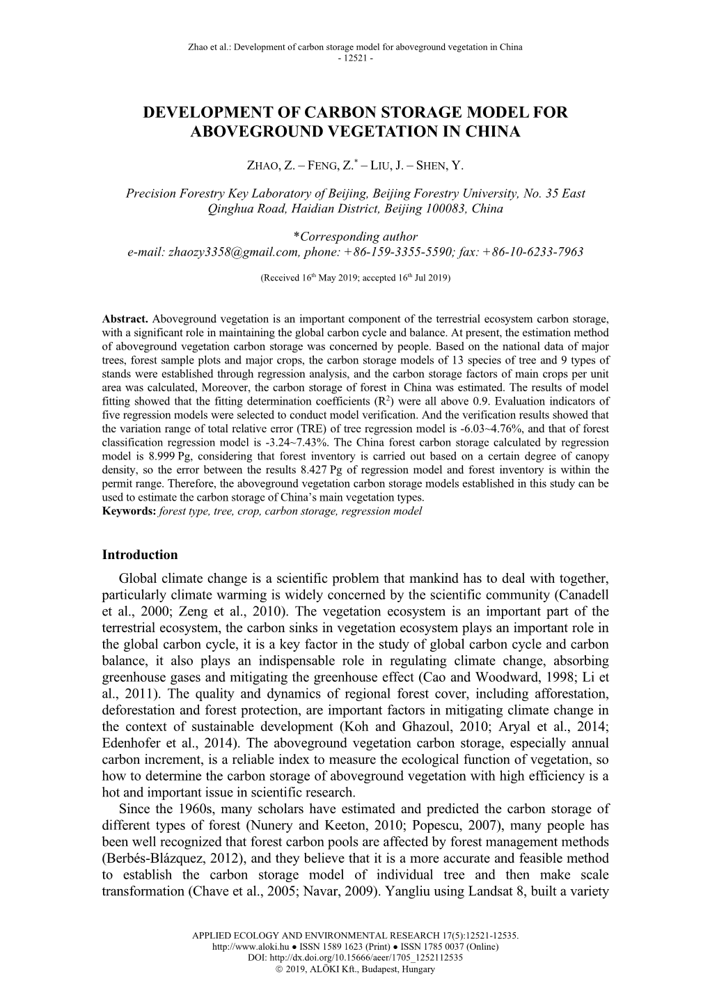 Development of Carbon Storage Model for Aboveground Vegetation in China - 12521