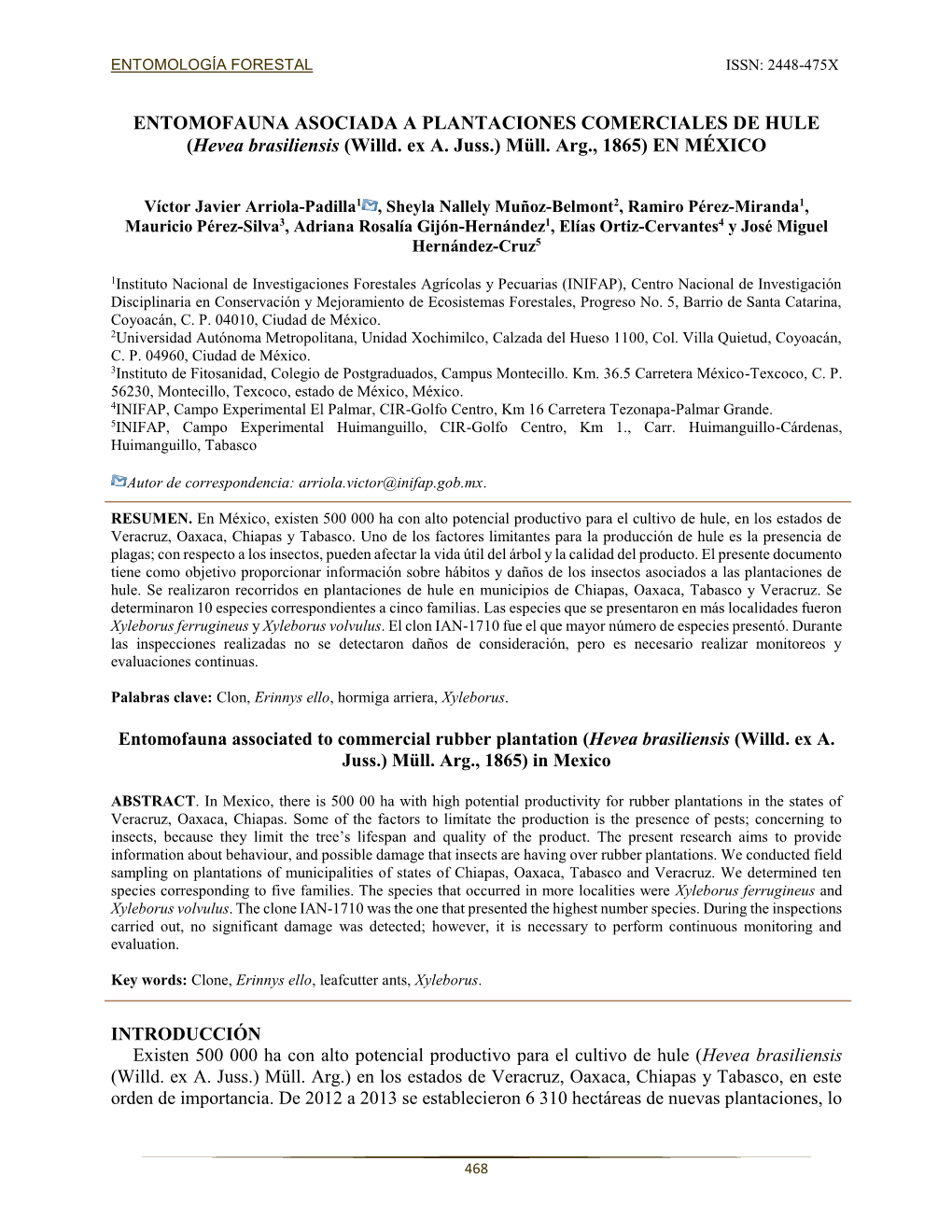 ENTOMOFAUNA ASOCIADA a PLANTACIONES COMERCIALES DE HULE (Hevea Brasiliensis (Willd