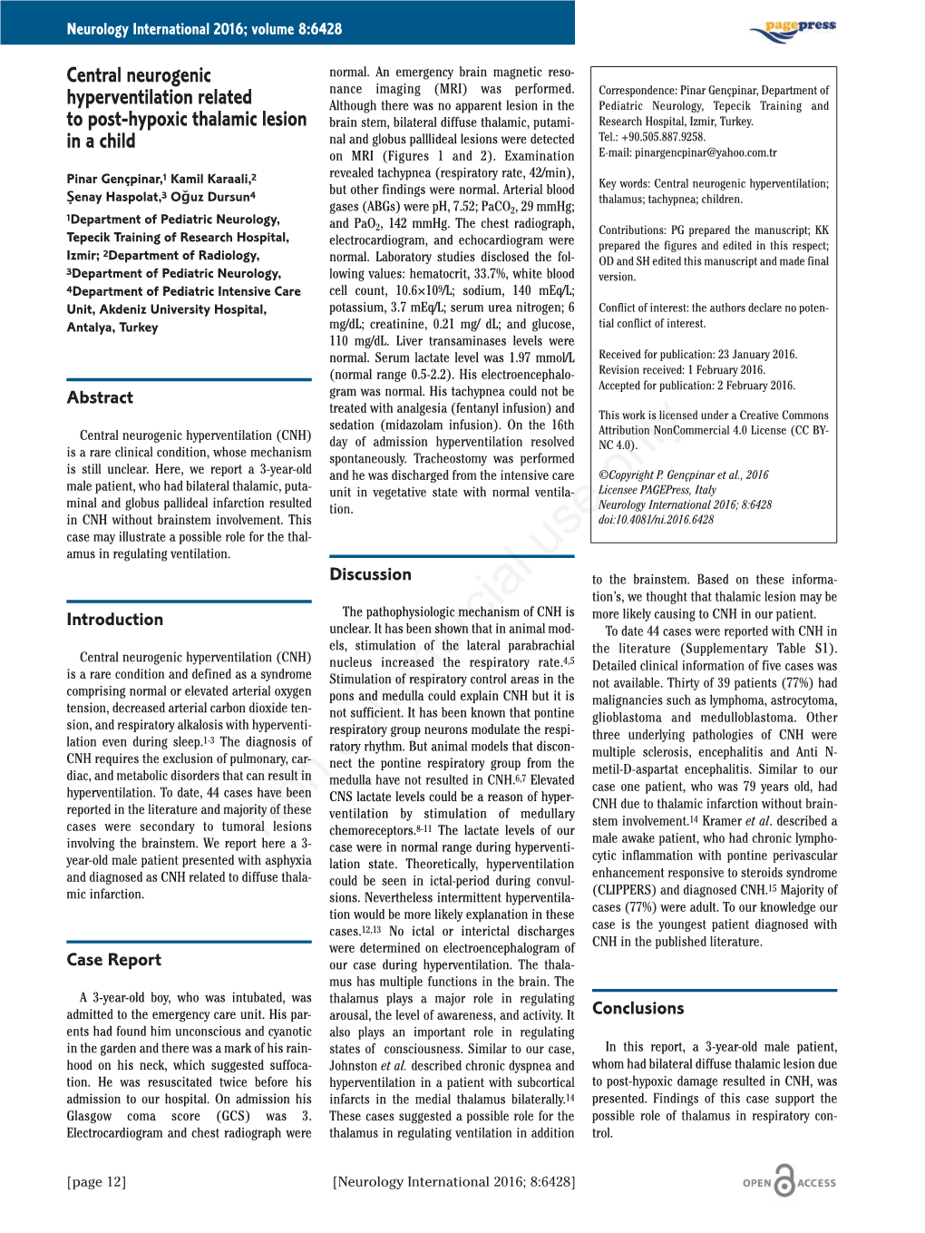 Central Neurogenic Hyperventilation Related to Post-Hypoxic Thalamic Lesion in a Child