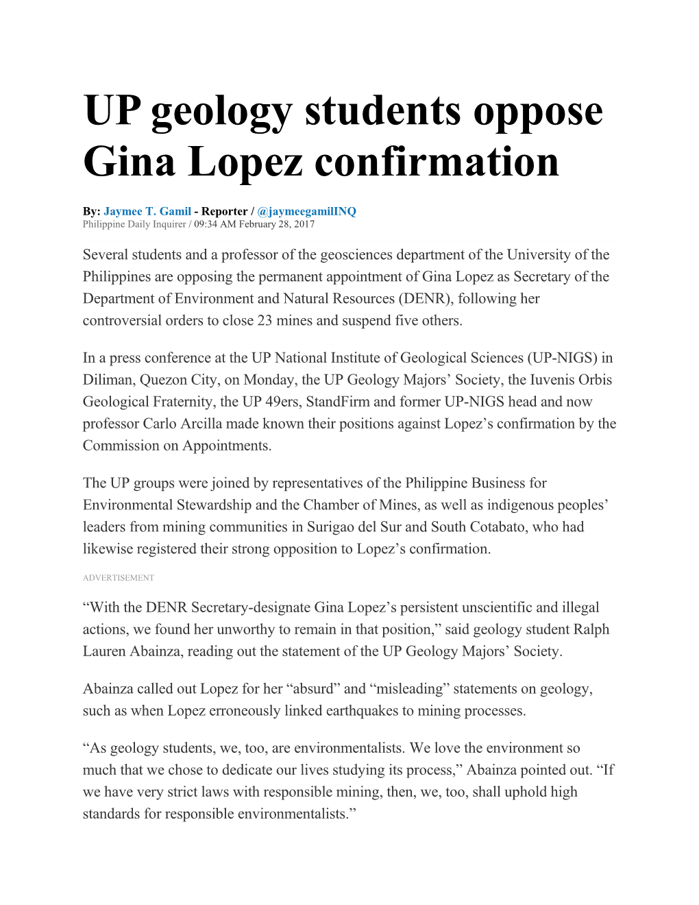 UP Geology Students Oppose Gina Lopez Confirmation