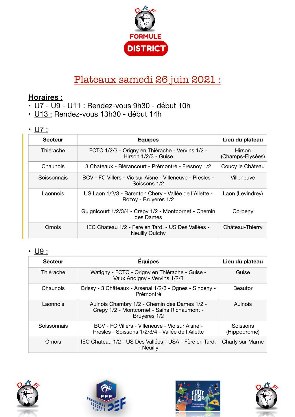 Plateaux Samedi 26 Juin 2021