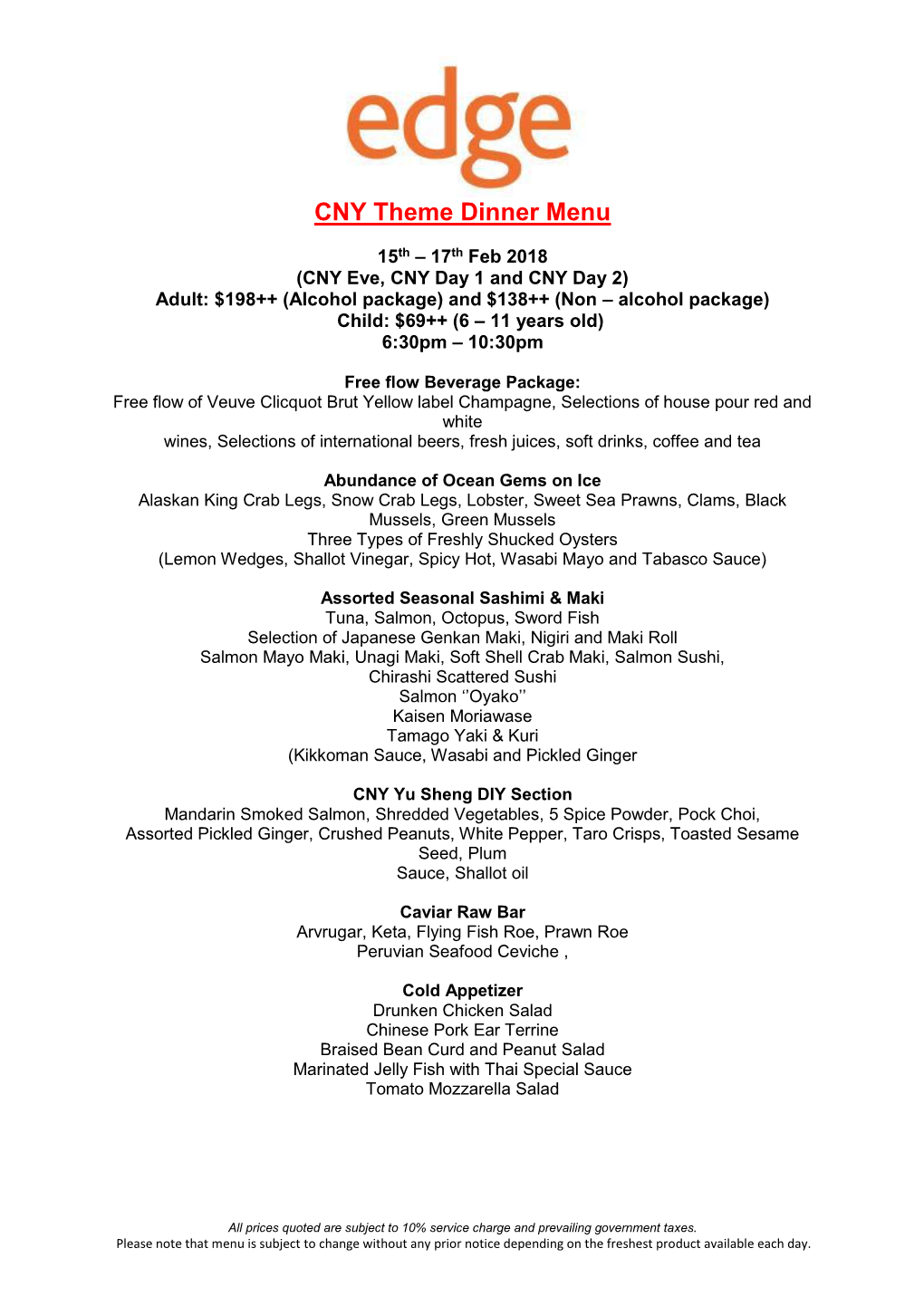 CNY Theme Dinner Menu