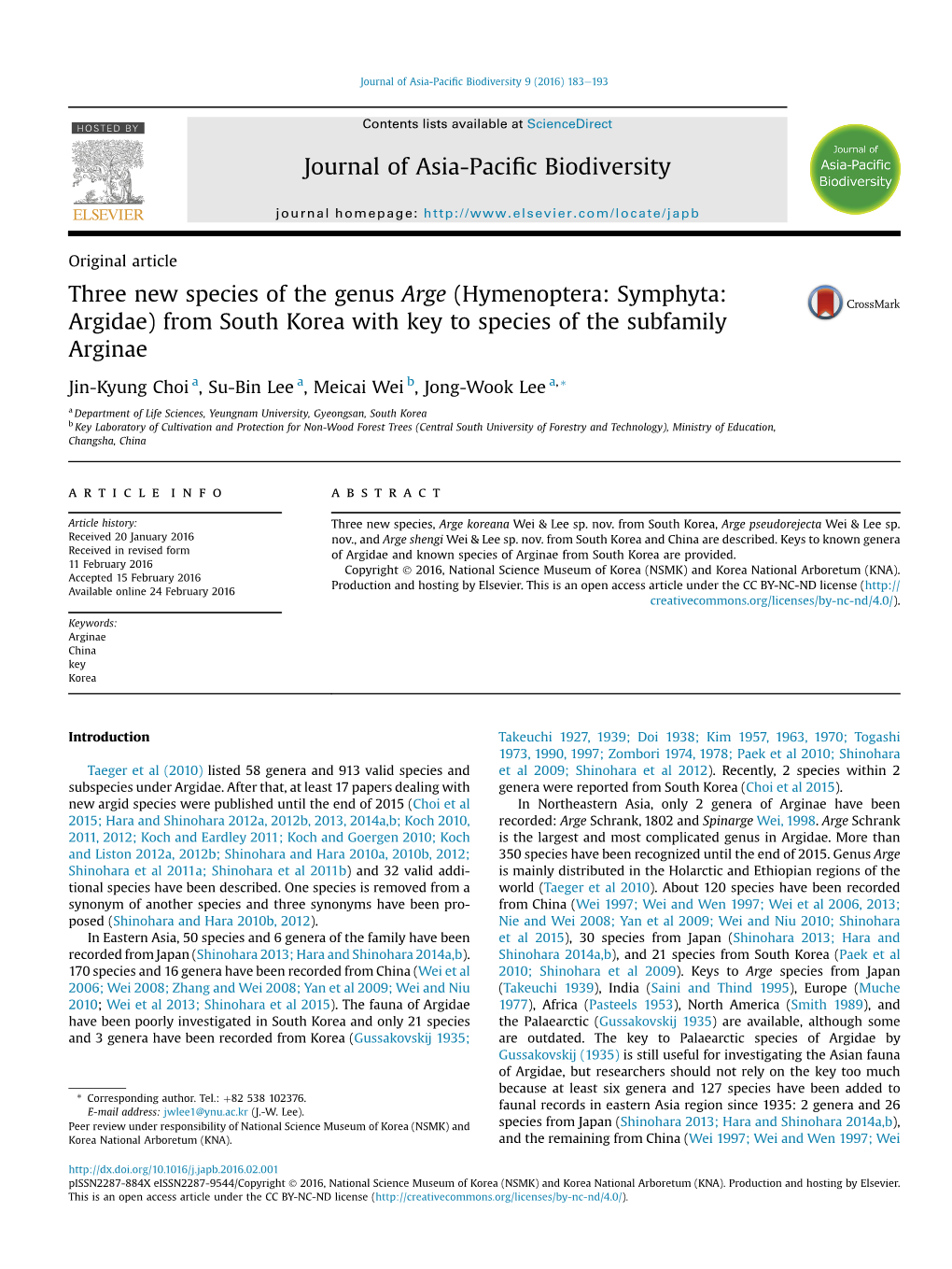 Hymenoptera: Symphyta: Argidae) from South Korea with Key to Species of the Subfamily Arginae