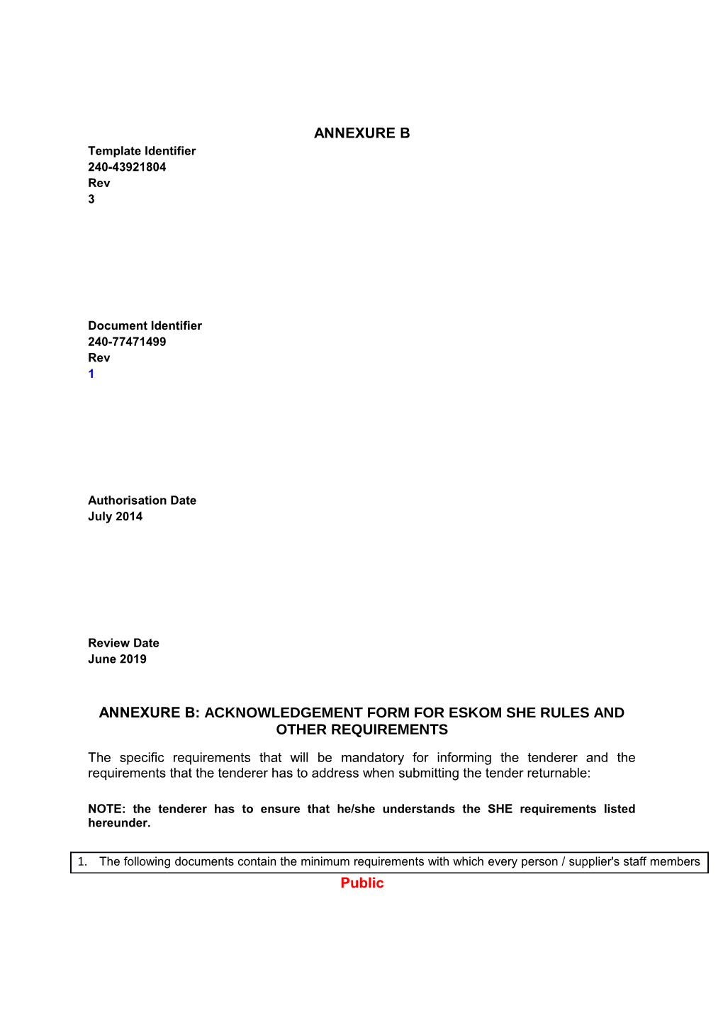 Annexure B: Acknowledgement Form for Eskom She Rules and Other Requirements