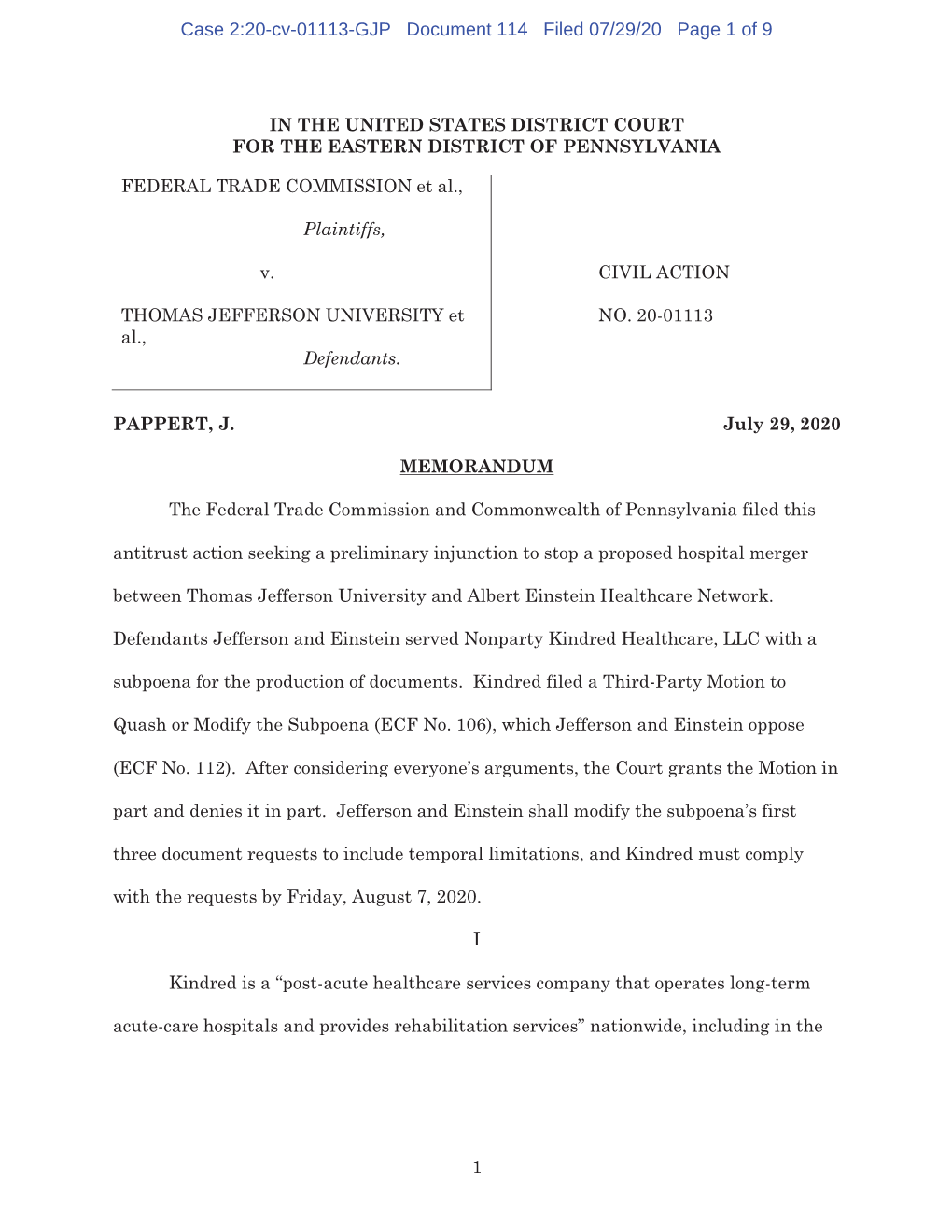 Case 2:20-Cv-01113-GJP Document 114 Filed 07/29/20 Page 1 of 9