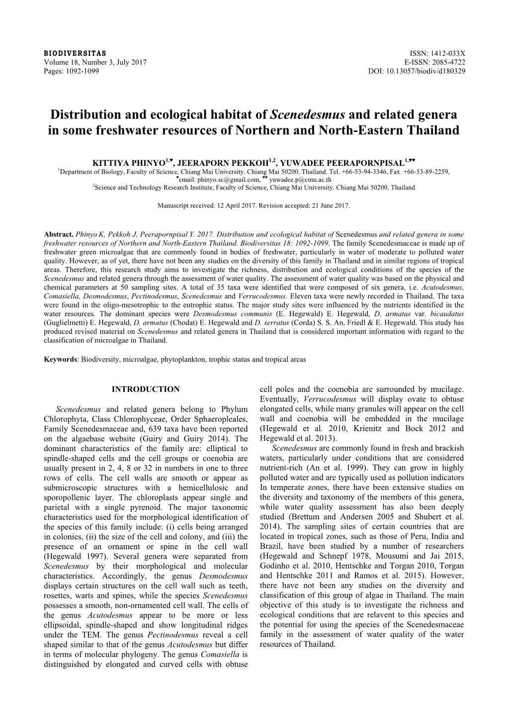 Distribution and Ecological Habitat of Scenedesmus and Related Genera in Some Freshwater Resources of Northern and North-Eastern Thailand