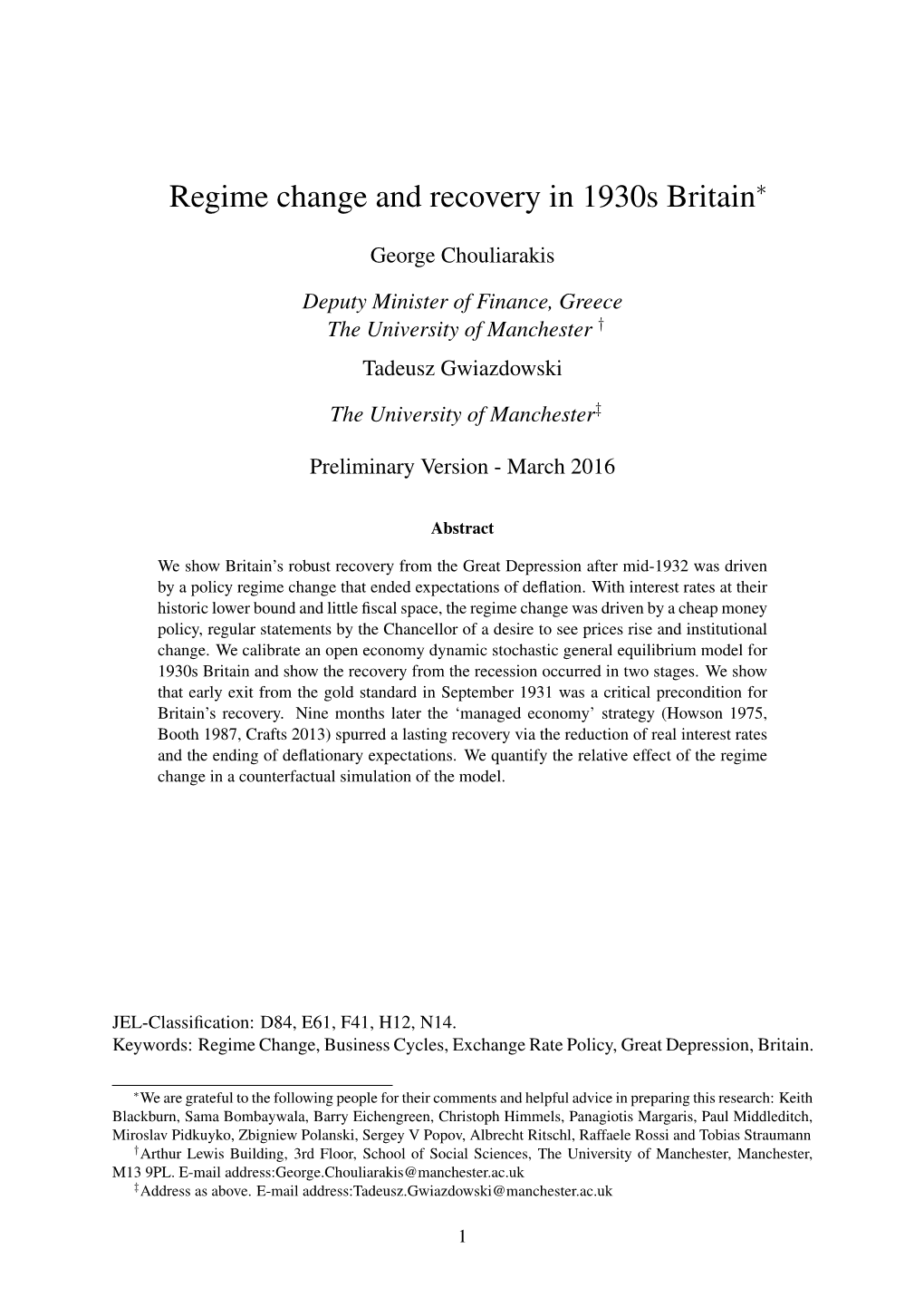 Regime Change and Recovery in 1930S Britain∗