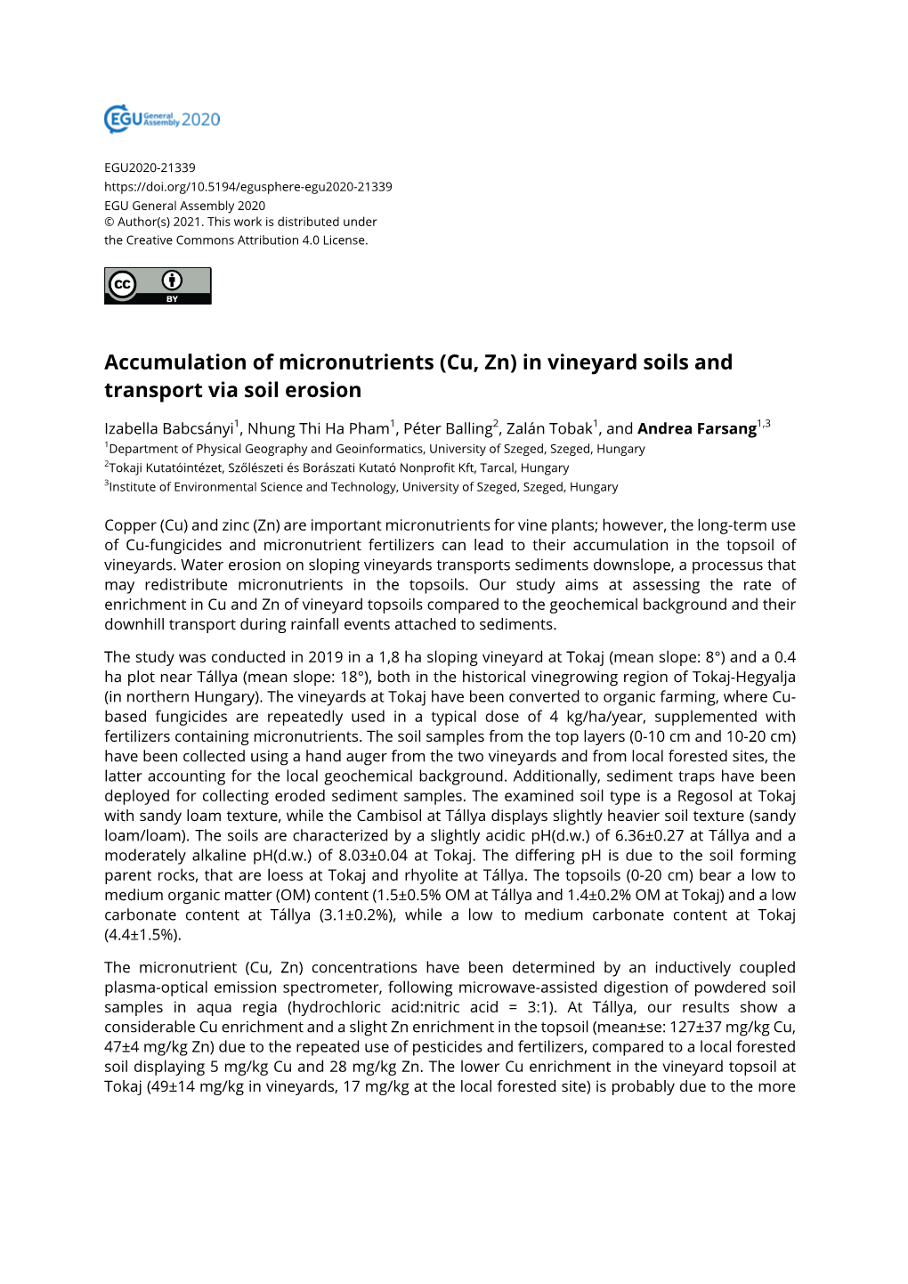 (Cu, Zn) in Vineyard Soils and Transport Via Soil Erosion