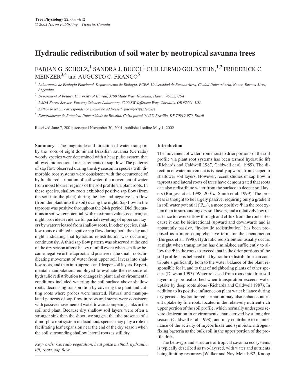 Hydraulic Redistribution of Soil Water by Neotropical Savanna Trees