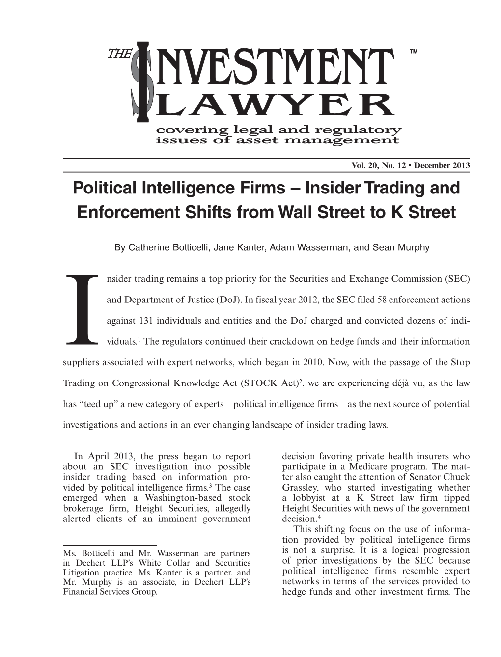 Political Intelligence Firms – Insider Trading and Enforcement Shifts from Wall Street to K Street