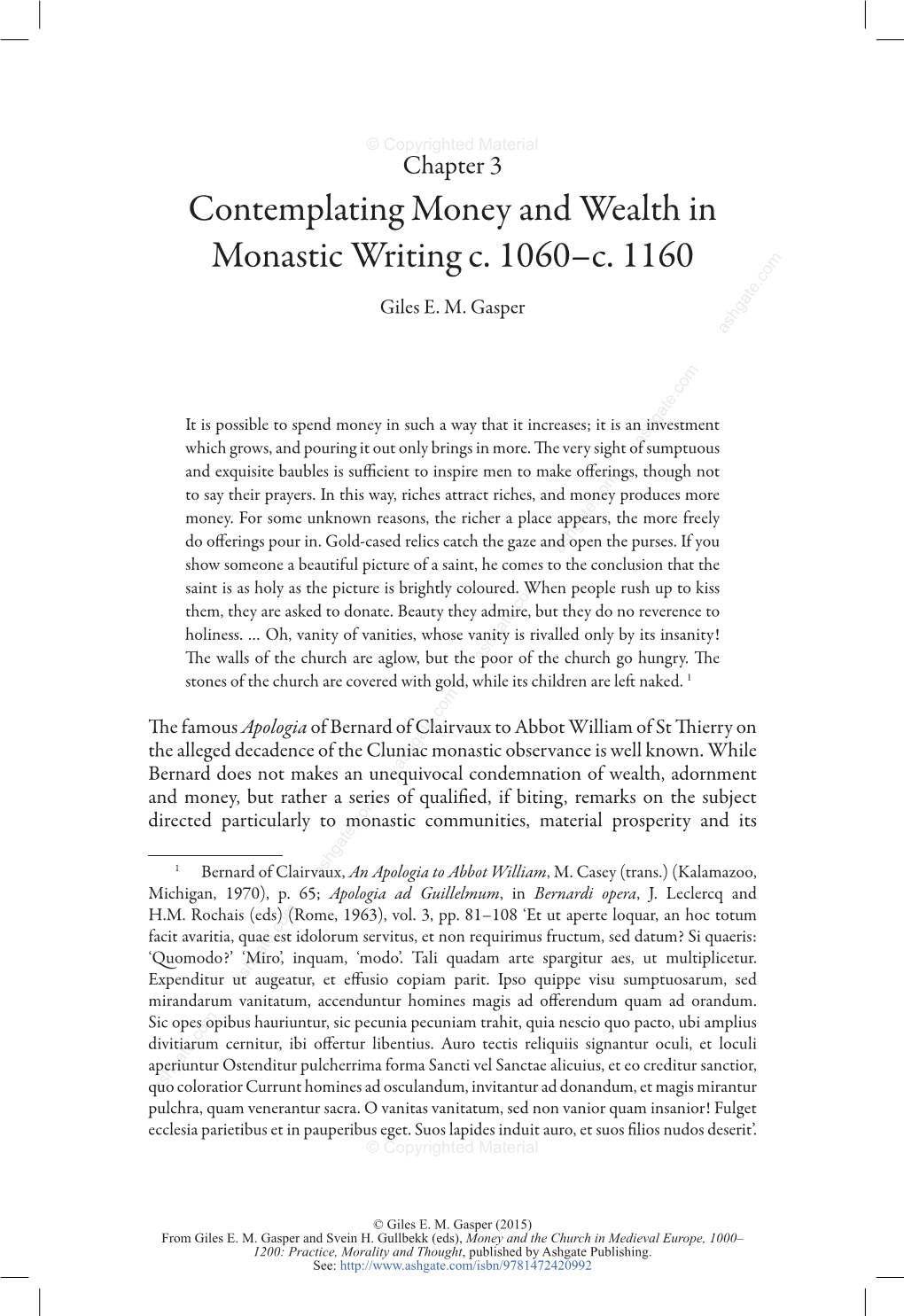Contemplating Money and Wealth in Monastic Writing C. 1060–C. 1160 Giles E