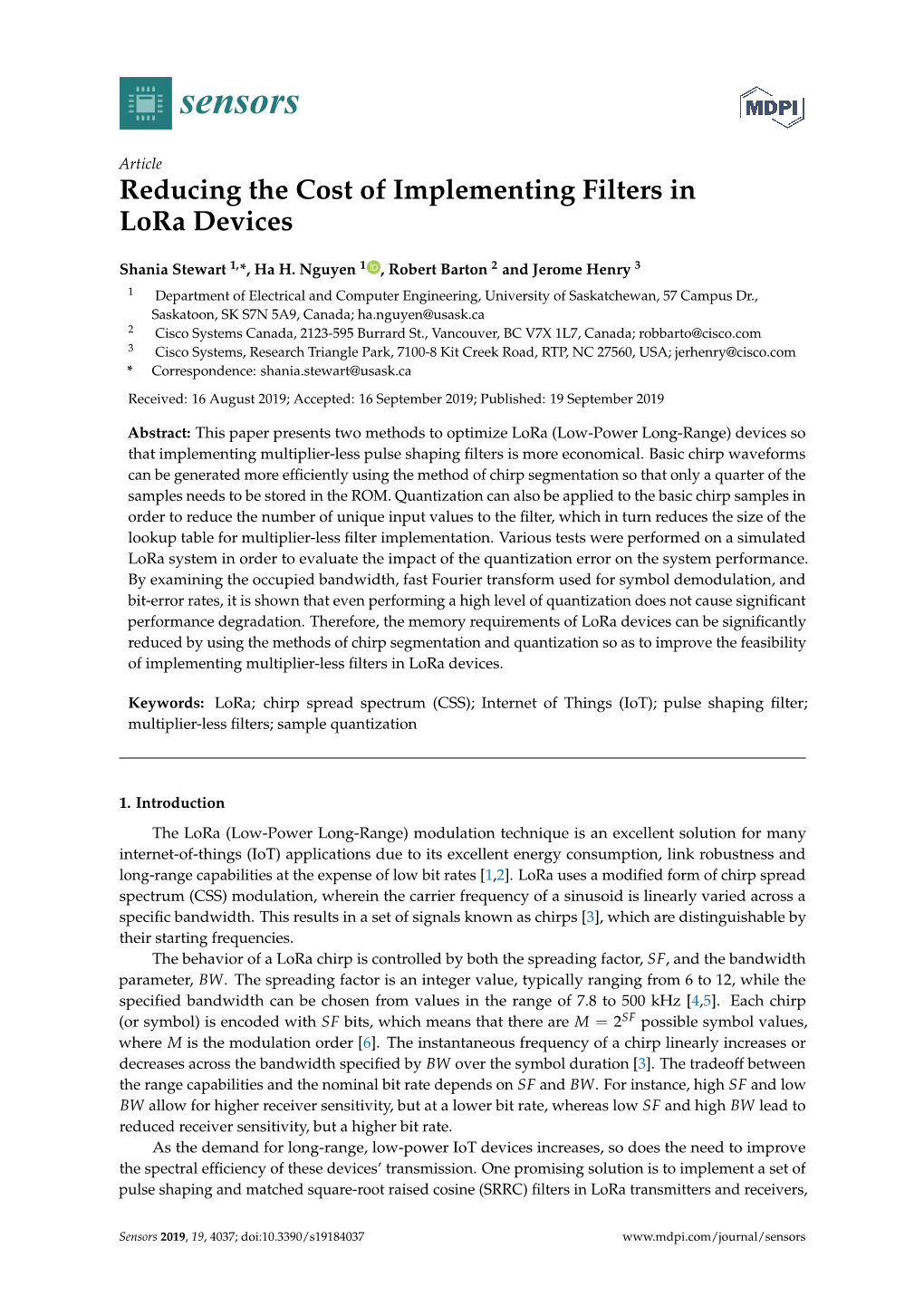 Reducing the Cost of Implementing Filters in Lora Devices