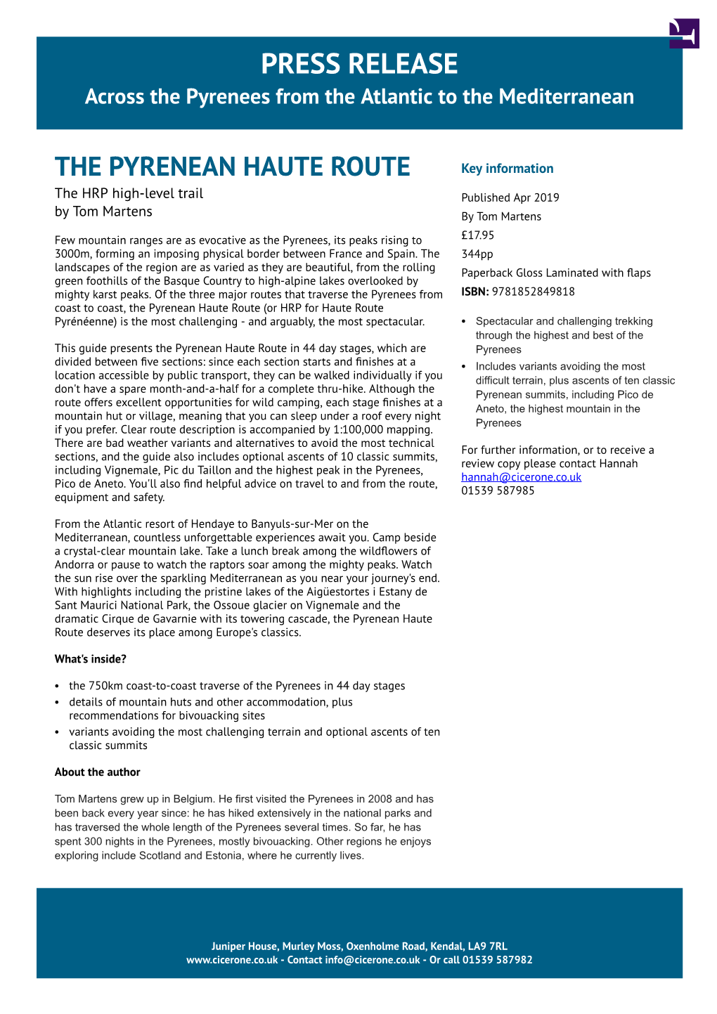 THE PYRENEAN HAUTE ROUTE Key Information the HRP High-Level Trail Published Apr 2019 by Tom Martens by Tom Martens