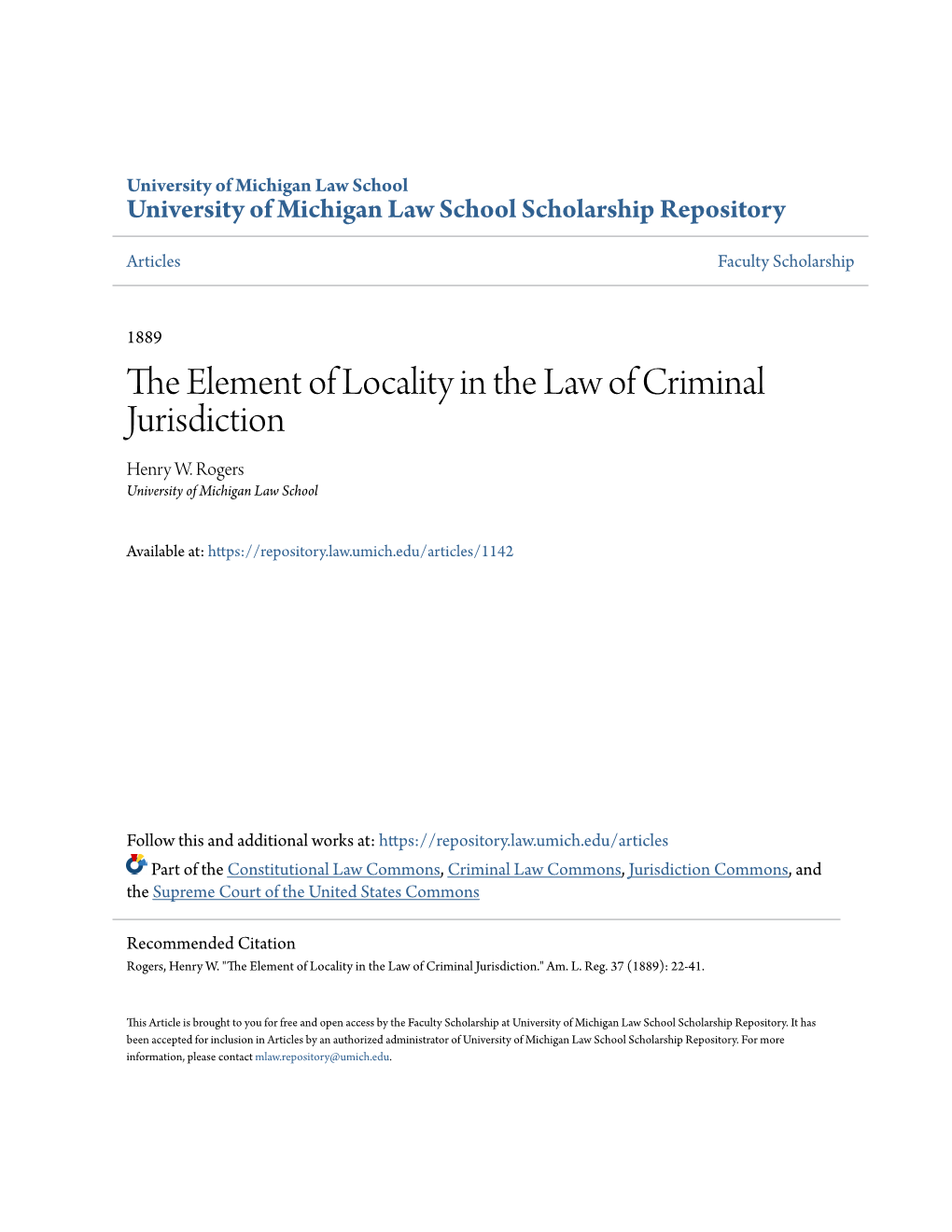 The Element of Locality in the Law of Criminal Jurisdiction.