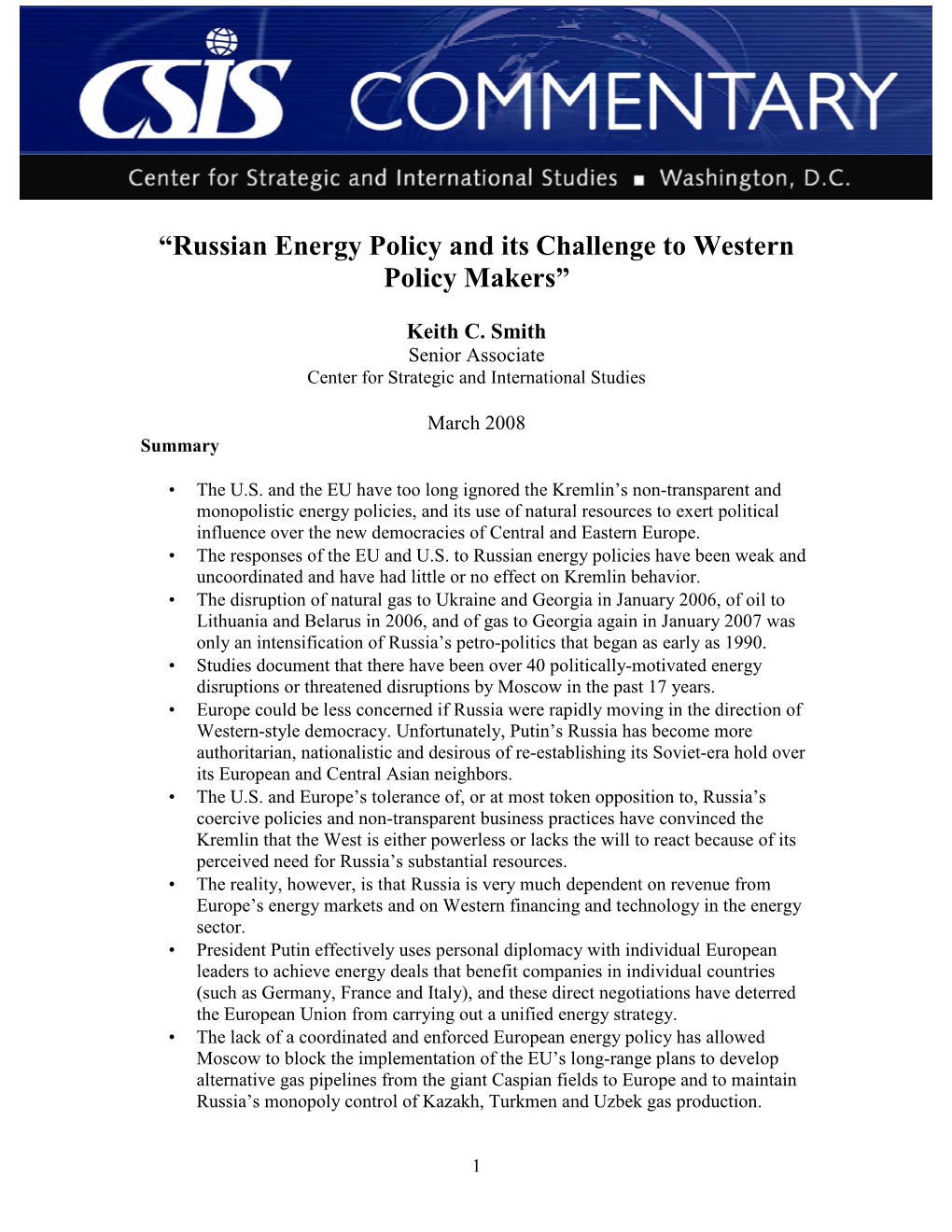 “Russian Energy Policy and Its Challenge to Western Policy Makers”