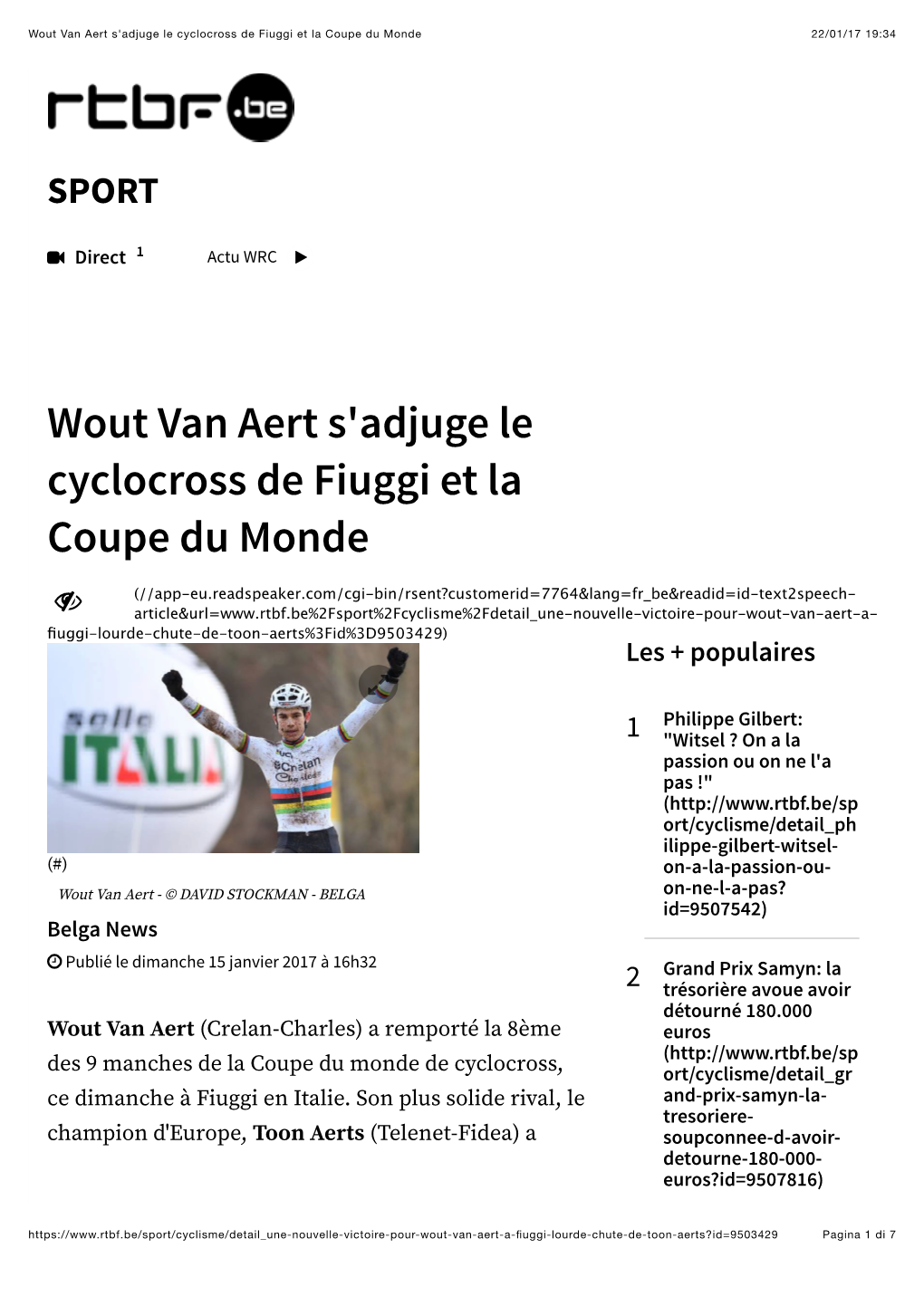 Wout Van Aert S'adjuge Le Cyclocross De Fiuggi Et La Coupe Du Monde 22/01/17 19:34