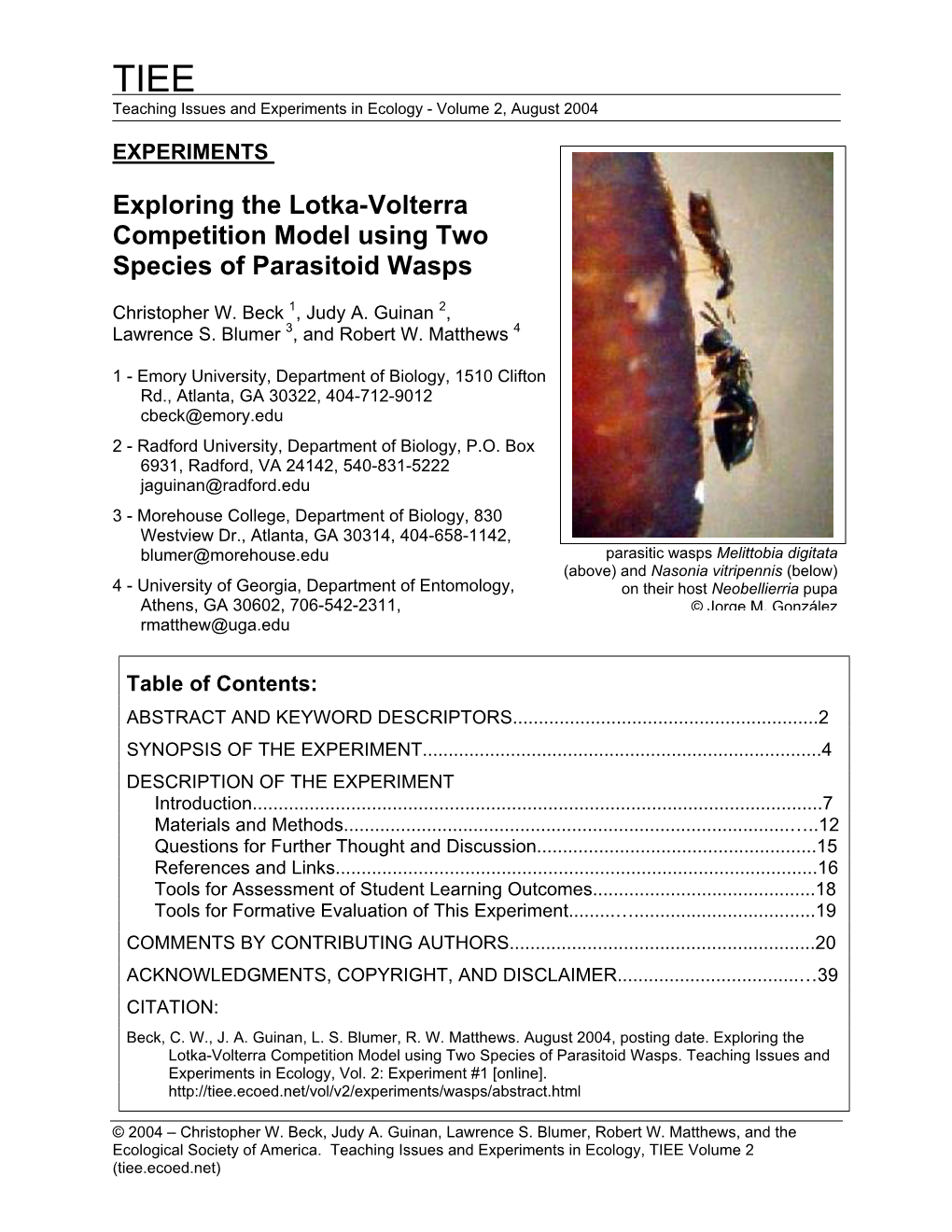 Exploring the Lotka-Volterra Competition Model Using Two Species of Parasitoid Wasps