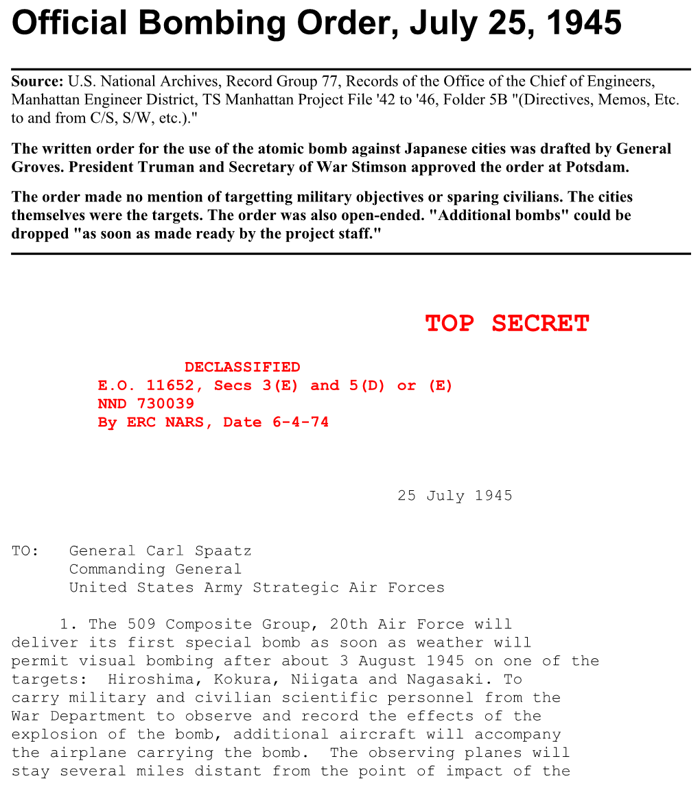 Atomic Bomb: Decision -- Official Bombing Order, July 25, 1945 up to Atomic Bomb: Decision up to Leo Szilard Online Official Bombing Order, July 25, 1945