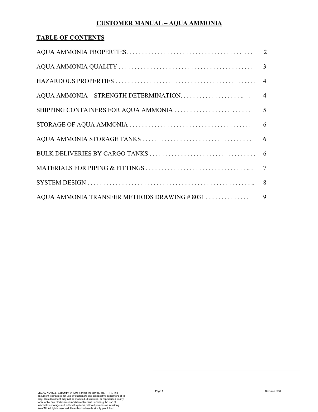 Aqua Ammonia Customer Manual