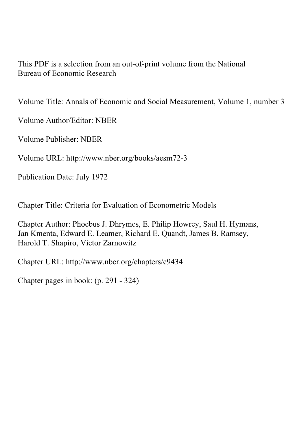 Criteria for Evaluation of Econometric Models