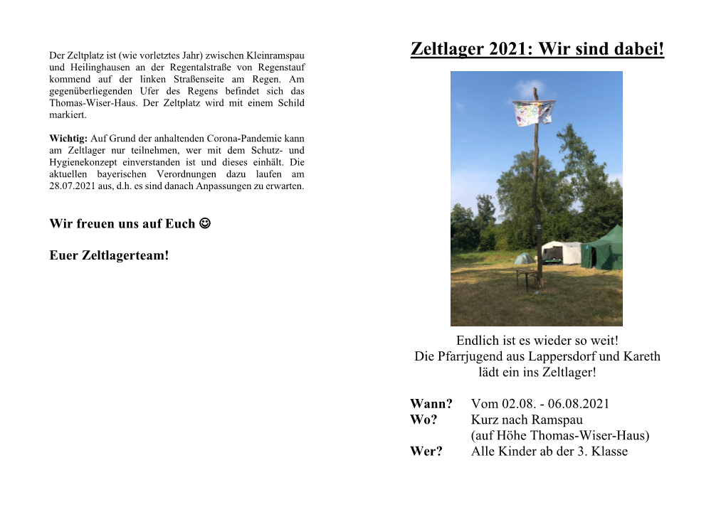 Zeltlager 2021: Wir Sind Dabei! Und Heilinghausen an Der Regentalstraße Von Regenstauf Kommend Auf Der Linken Straßenseite Am Regen