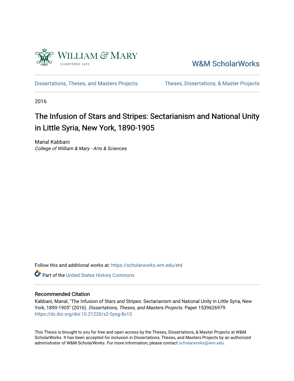 The Infusion of Stars and Stripes: Sectarianism and National Unity in Little Syria, New York, 1890-1905