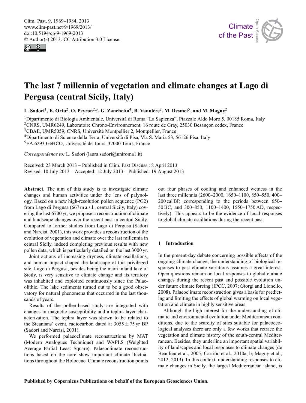 The Last 7 Millennia of Vegetation and Climate Changes at Lago Di Pergusa