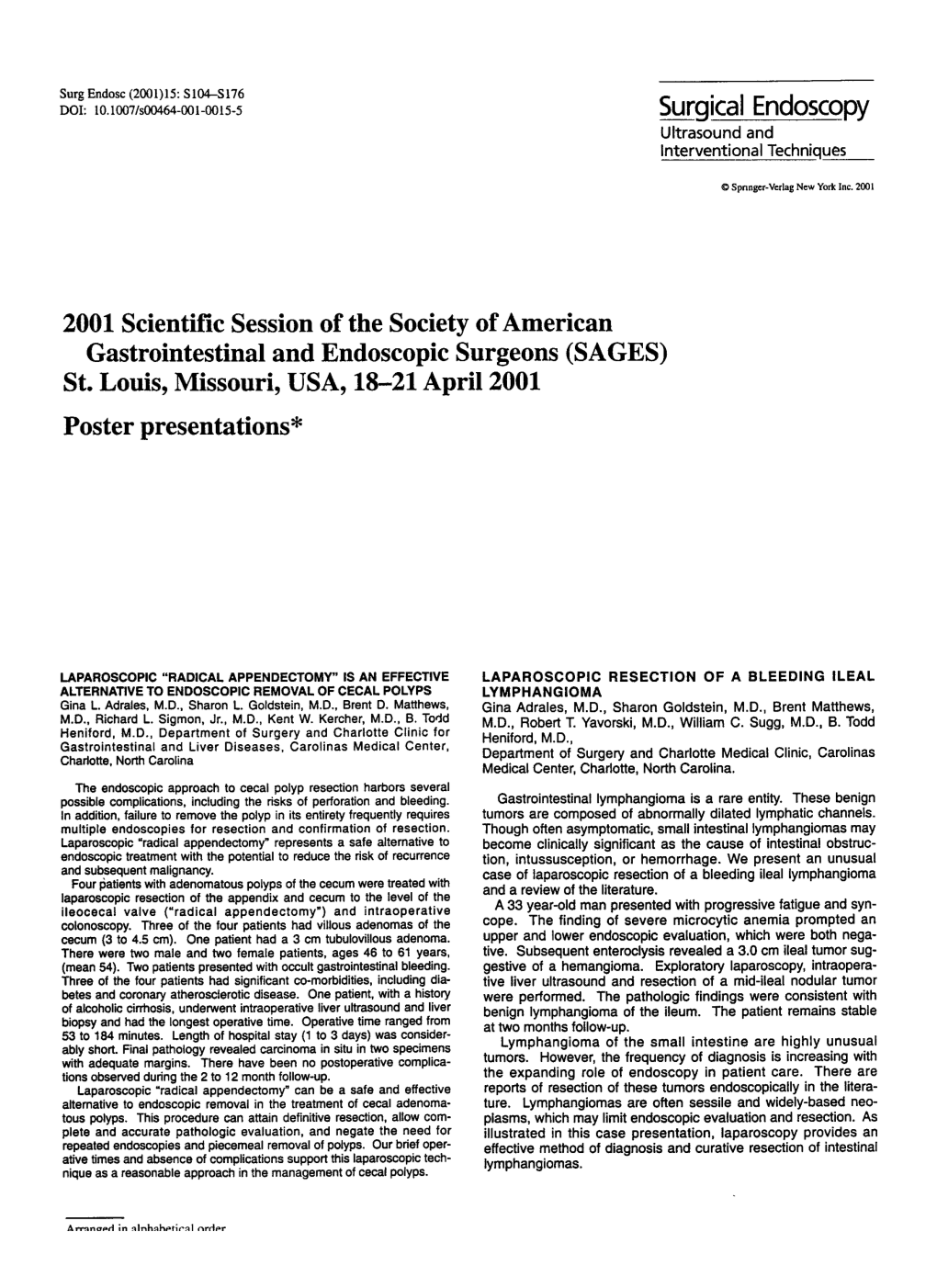 2001 Scientific Session of the Society of American Gastrointestinal and Endoscopic Surgeons (SAGES) St