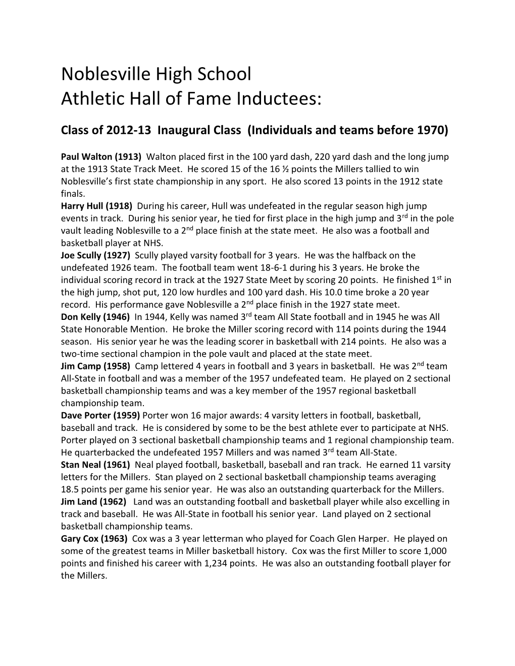 Noblesville High School Athletic Hall of Fame Inductees