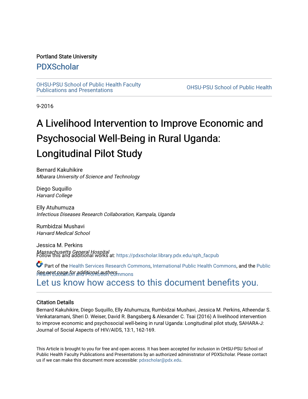 A Livelihood Intervention to Improve Economic and Psychosocial Well-Being in Rural Uganda: Longitudinal Pilot Study