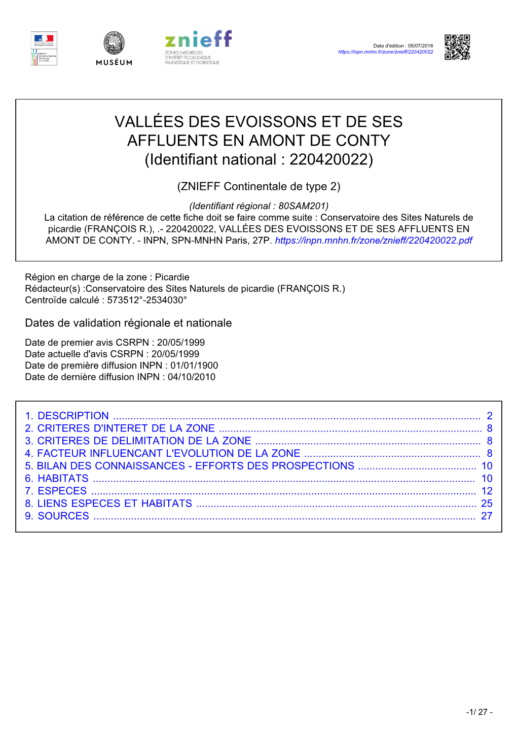 VALLÉES DES EVOISSONS ET DE SES AFFLUENTS EN AMONT DE CONTY (Identifiant National : 220420022)