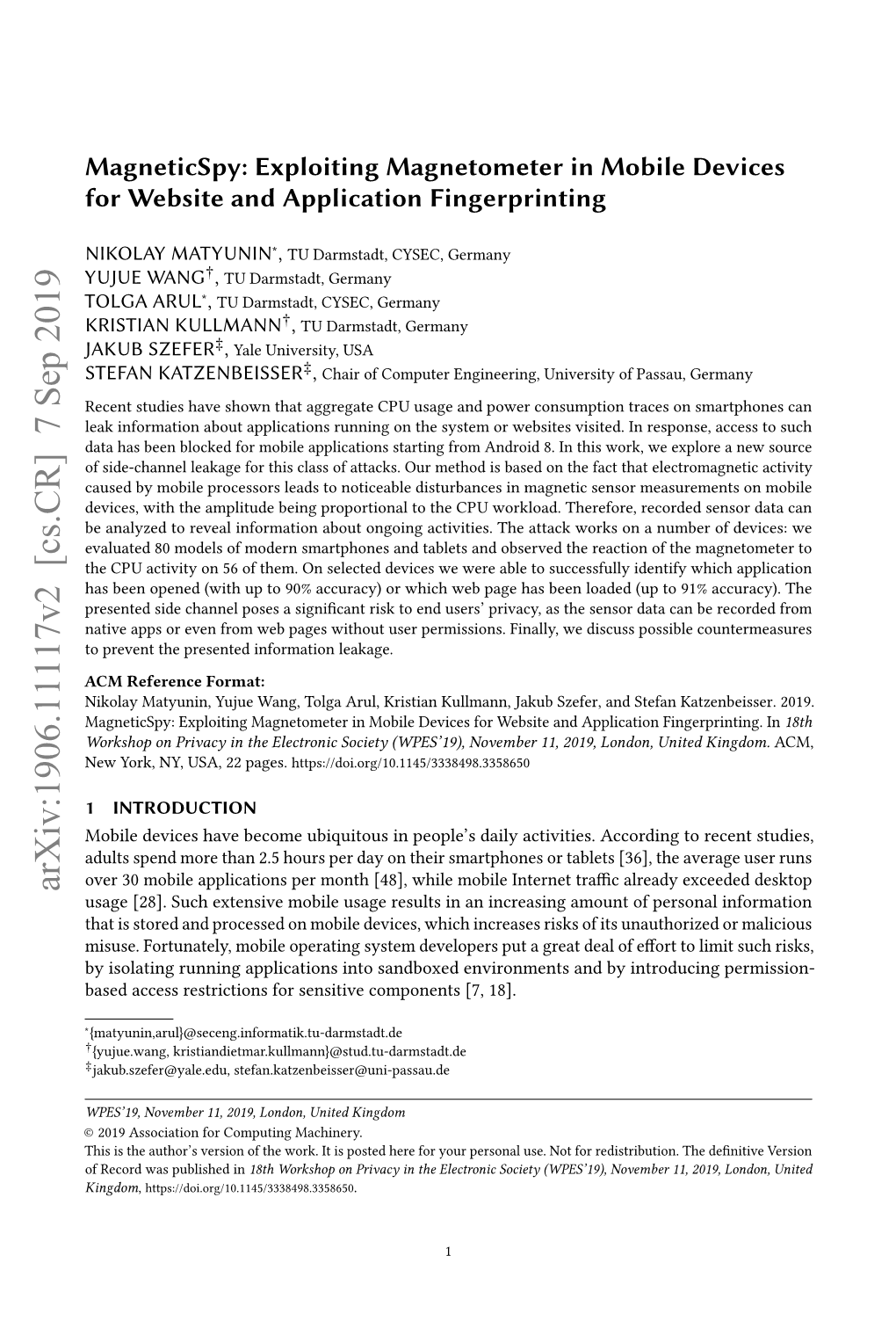 Magneticspy: Exploiting Magnetometer in Mobile Devices for Website and Application Fingerprinting