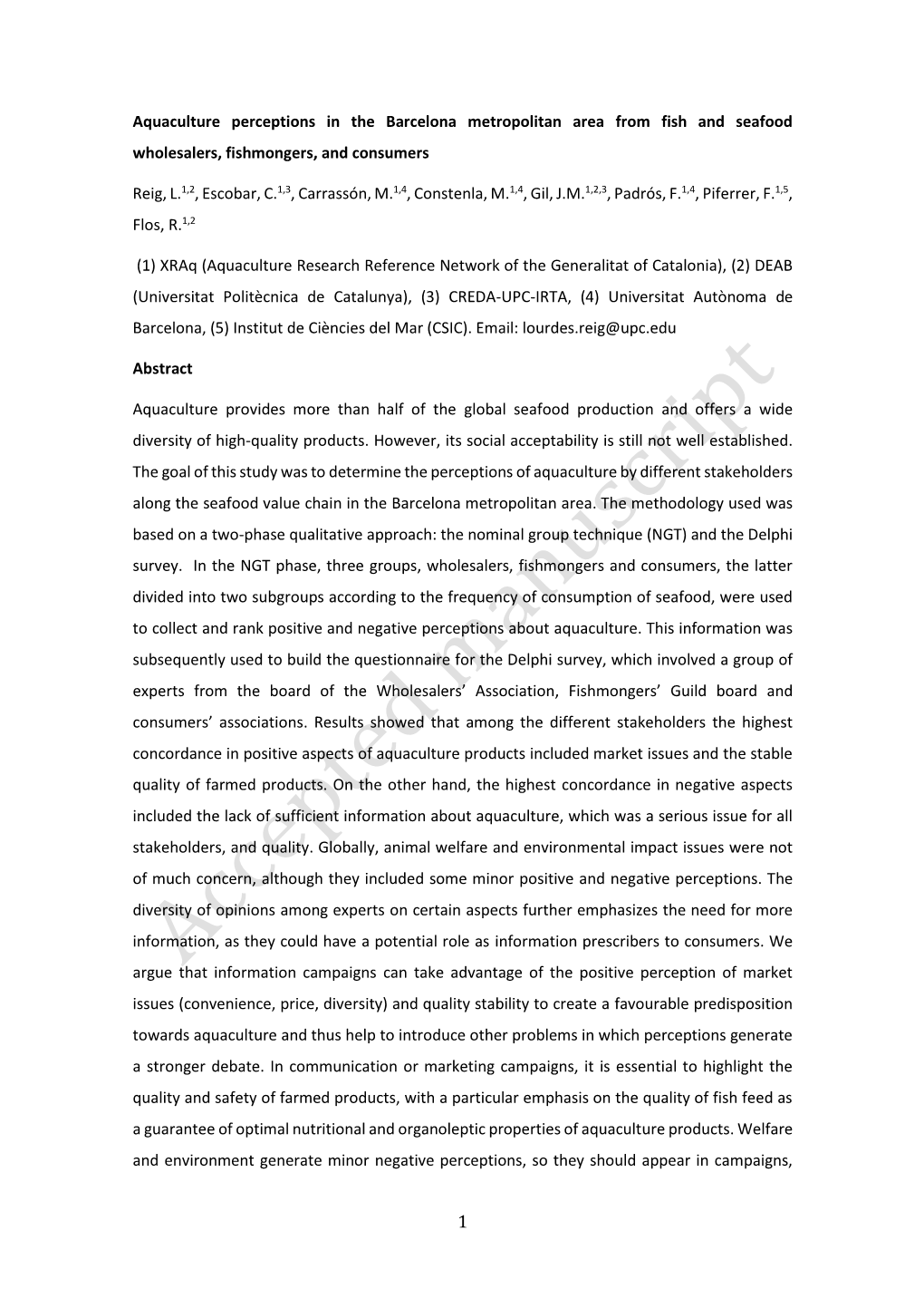 Aquaculture Perceptions in the Barcelona Metropolitan Area from Fish and Seafood Wholesalers, Fishmongers, and Consumers Reig, L