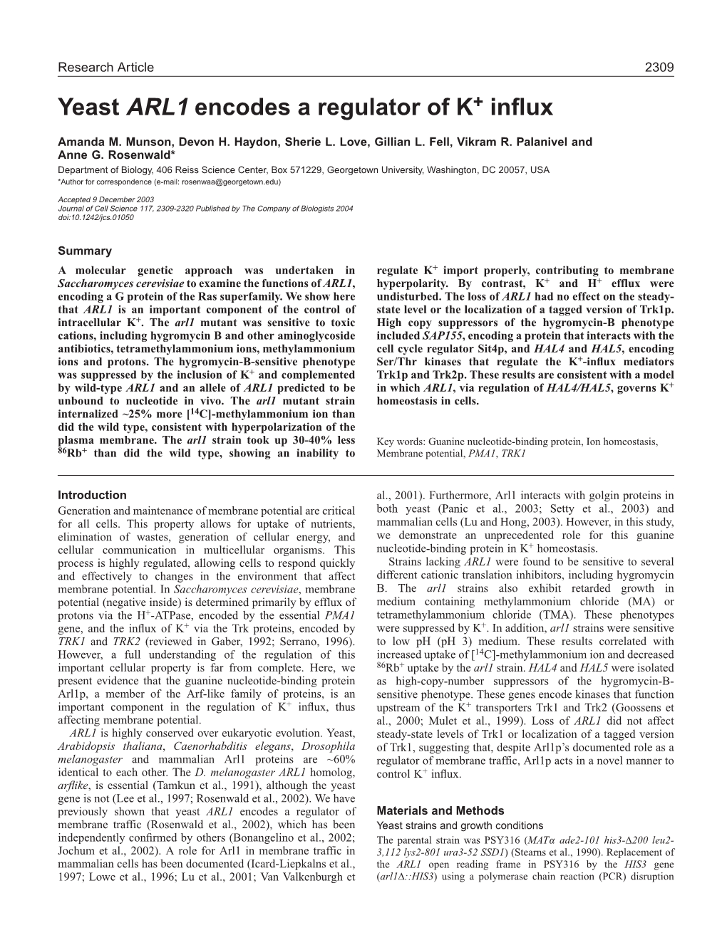 Yeast ARL1 Encodes a Regulator of K+ Influx