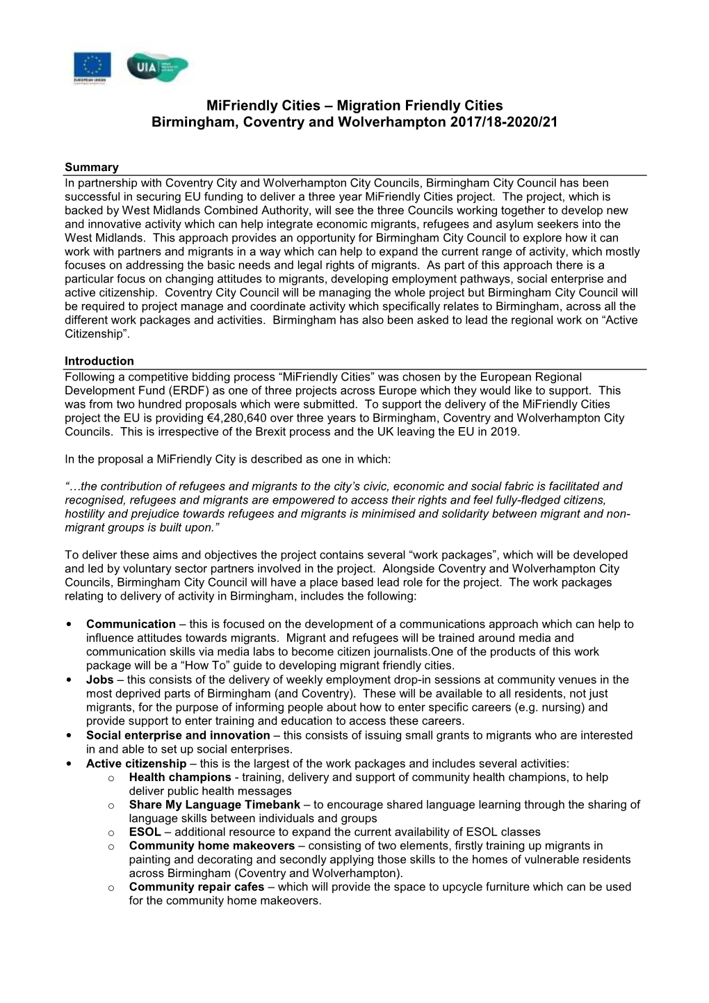 Mifriendly Cities – Migration Friendly Cities Birmingham, Coventry and Wolverhampton 2017/18-2020/21