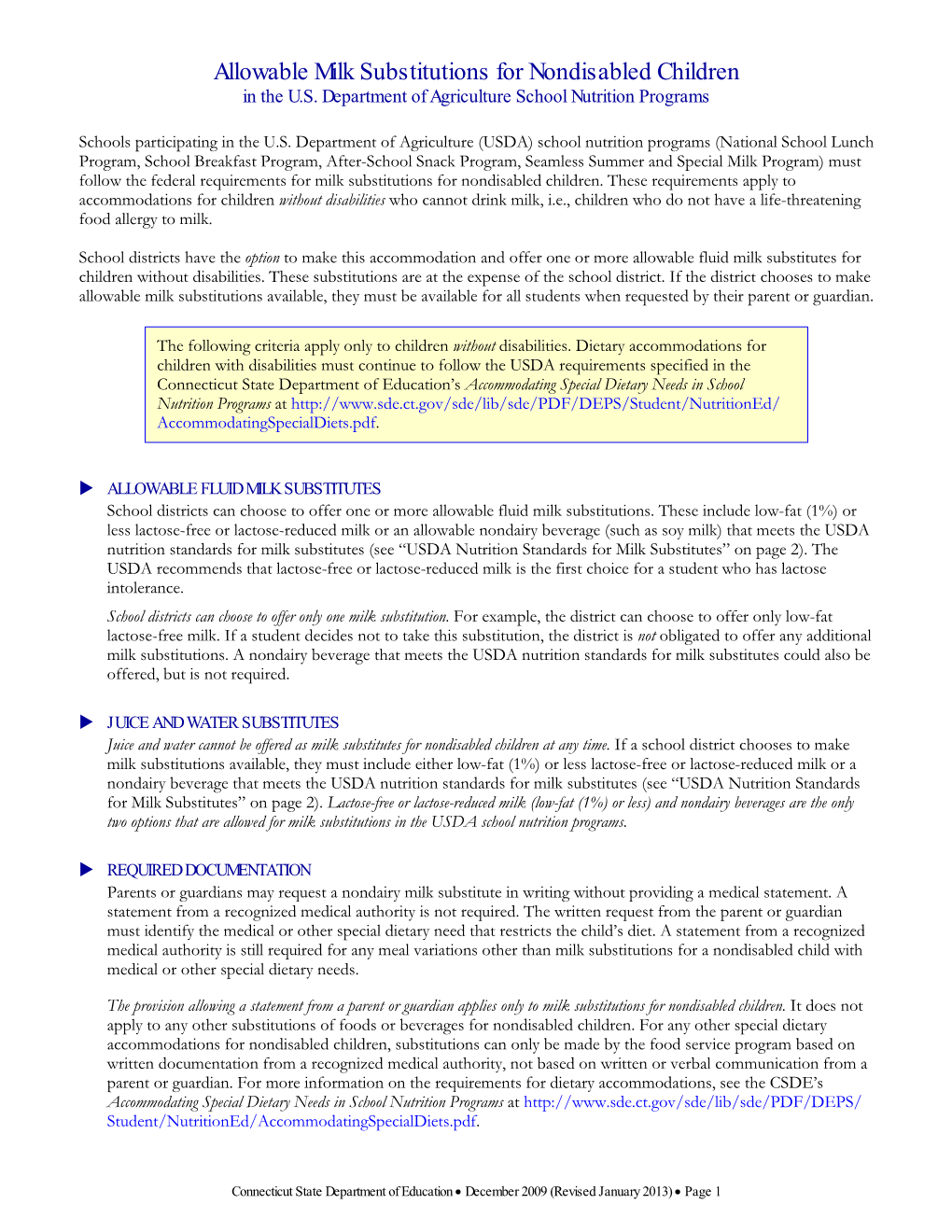 Allowable Milk Substitution Summary for Nondisabled Children