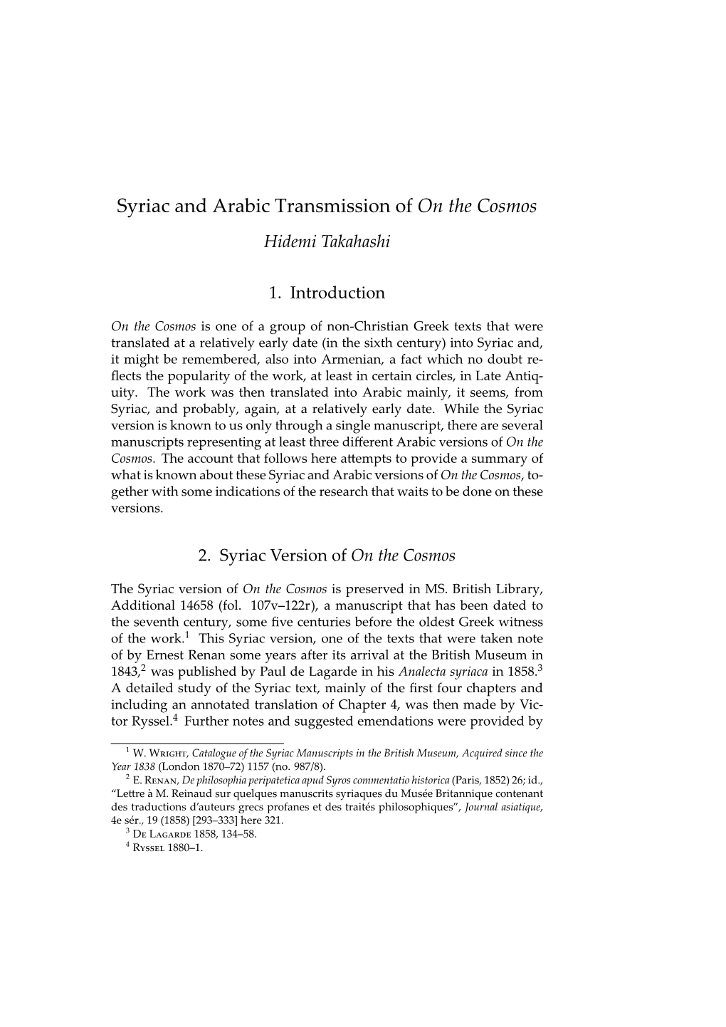 Syriac and Arabic Transmission of on the Cosmos Hidemi Takahashi