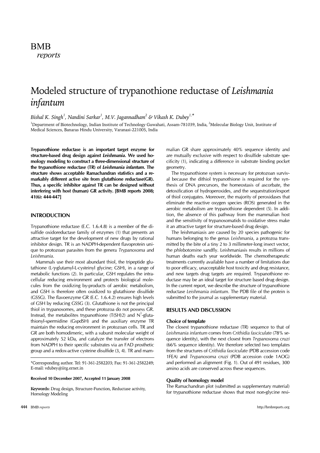 Modeled Structure of Trypanothione Reductase of Leishmania Infantum