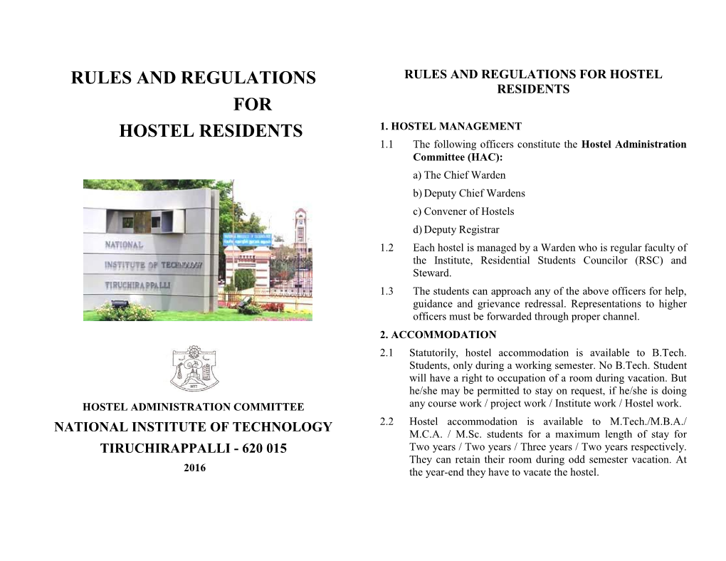 Rules and Regulations for Hostel Residents for Hostel Residents 1