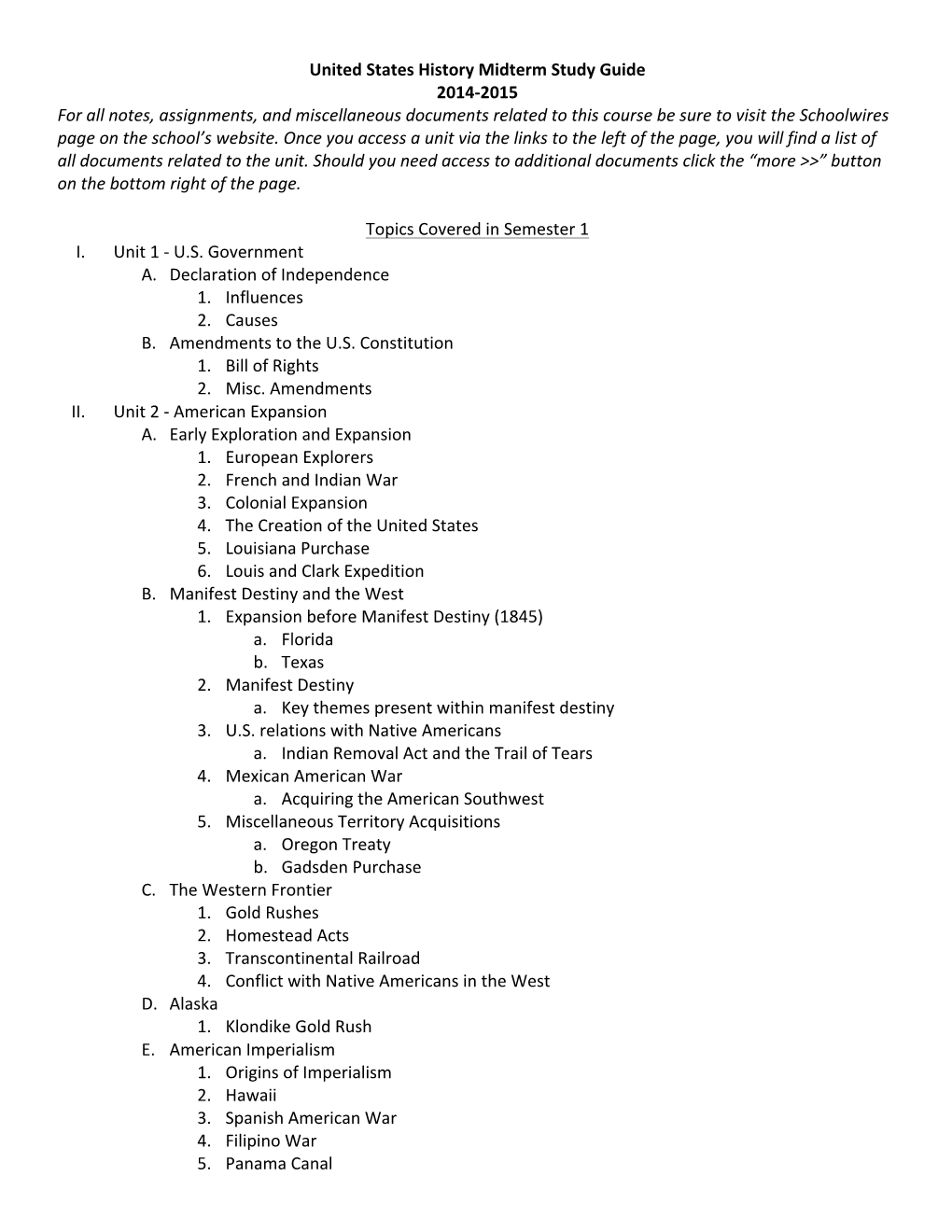 United States History Midterm Study Guide 2014