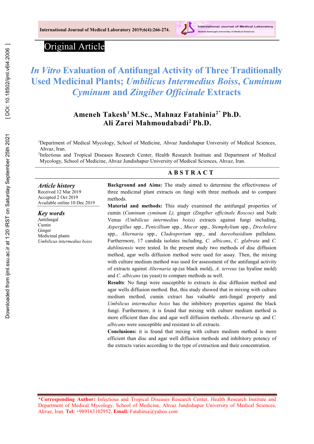 In Vitro Evaluation of Antifungal Activity of Three Traditionally Used Medicinal Plants; Umbilicus Intermedius Boiss, Cuminum Cy