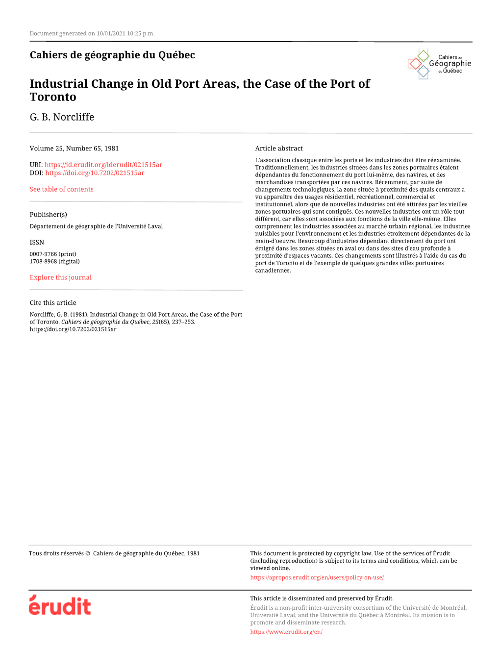 Industrial Change in Old Port Areas, the Case of the Port of Toronto G