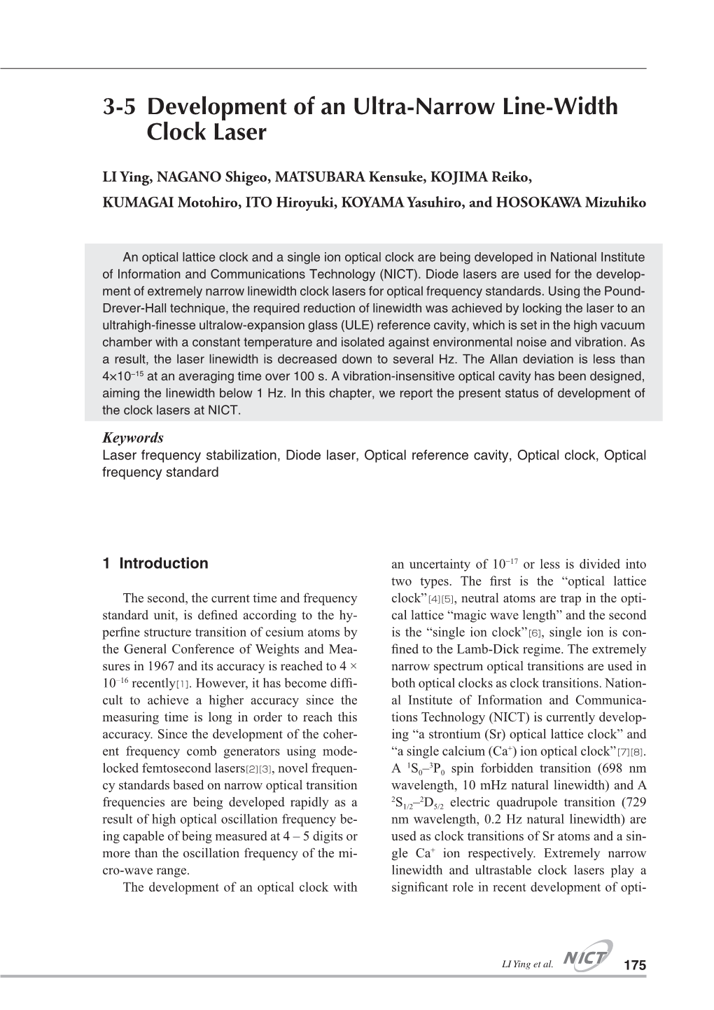 3-5 Development of an Ultra-Narrow Line-Width Clock Laser